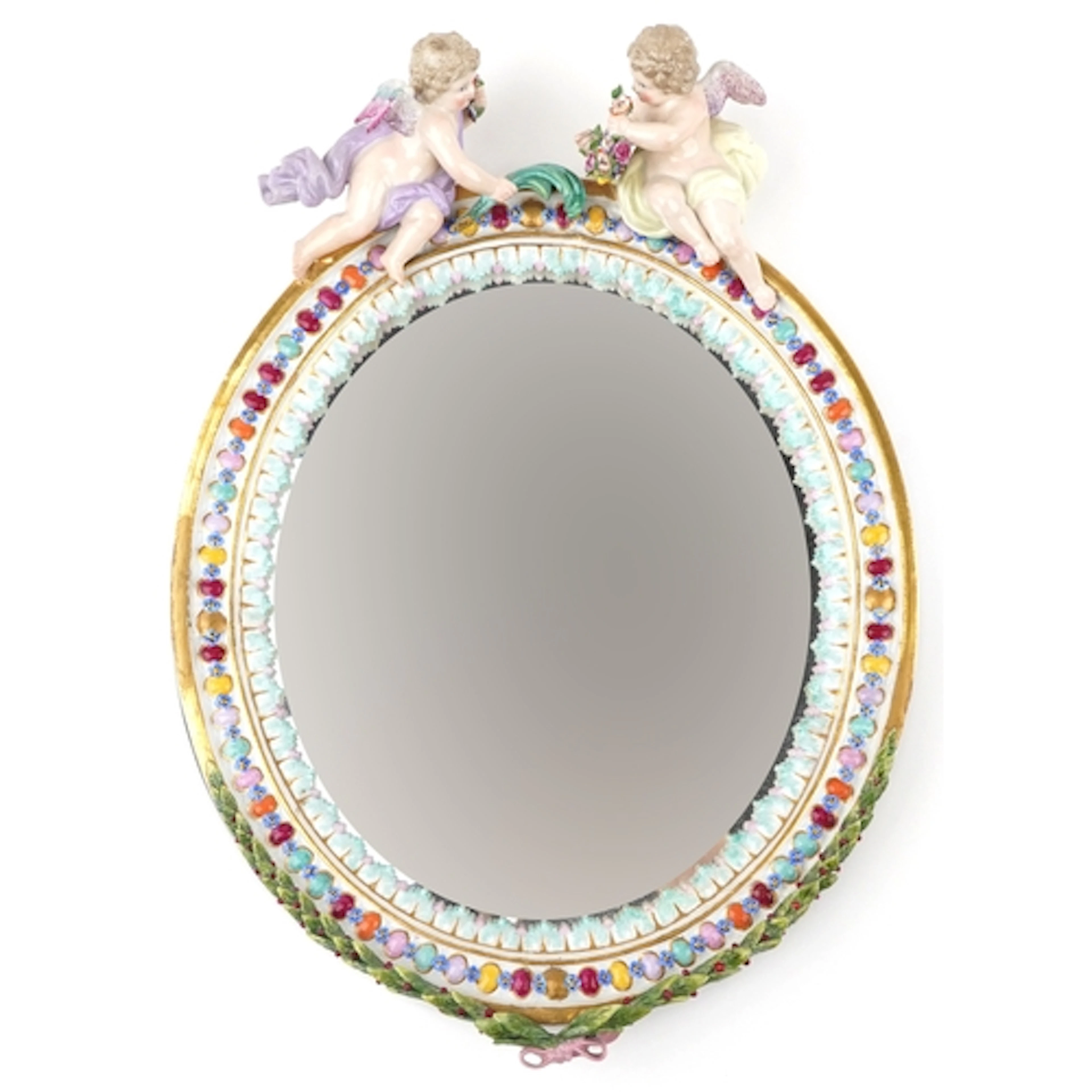 Meissen, A 19th century oval porcelain wall mirror with hand...