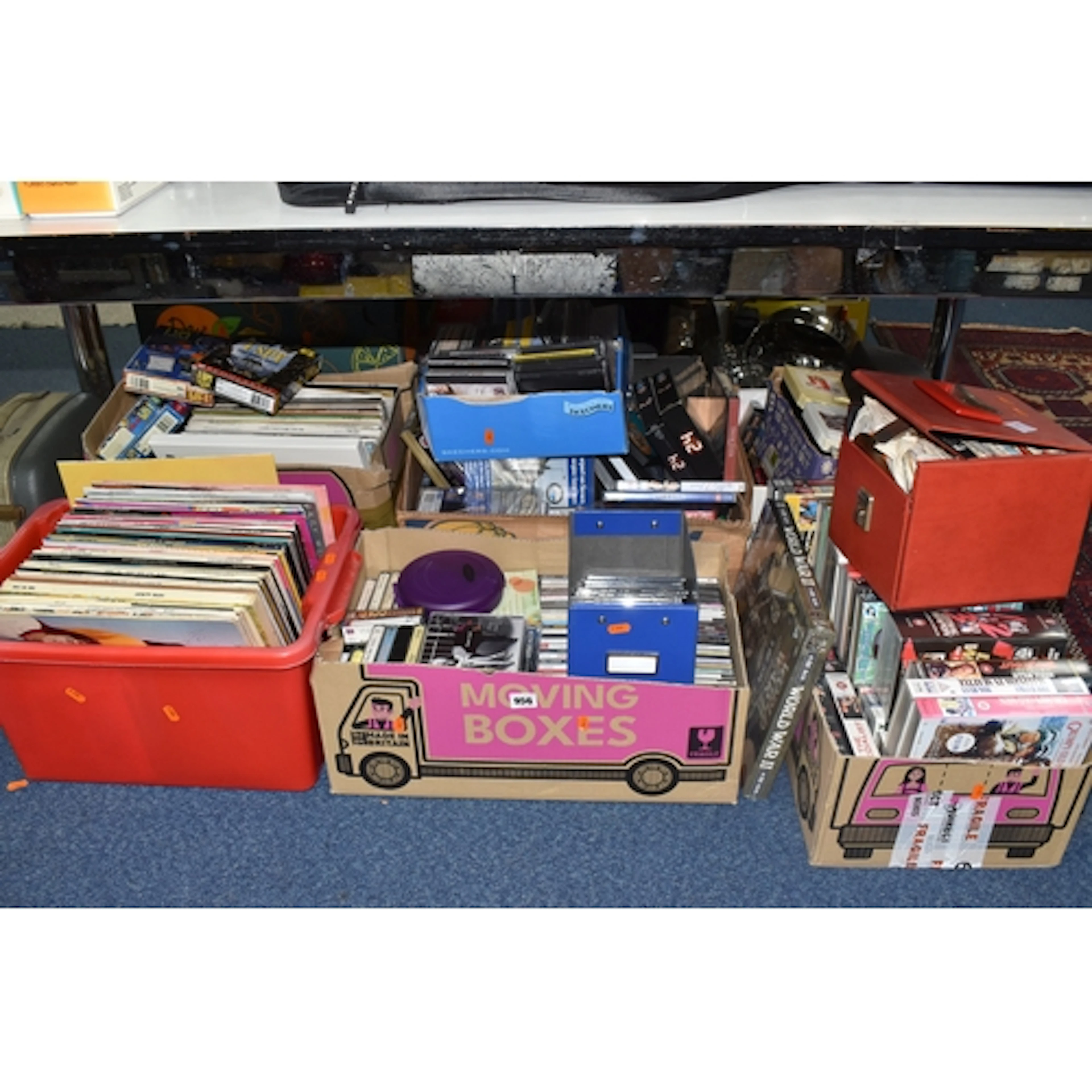 SEVEN BOXES OF ASSORTED CDS, VHS, DVDS, AND LPS etc to inclu...