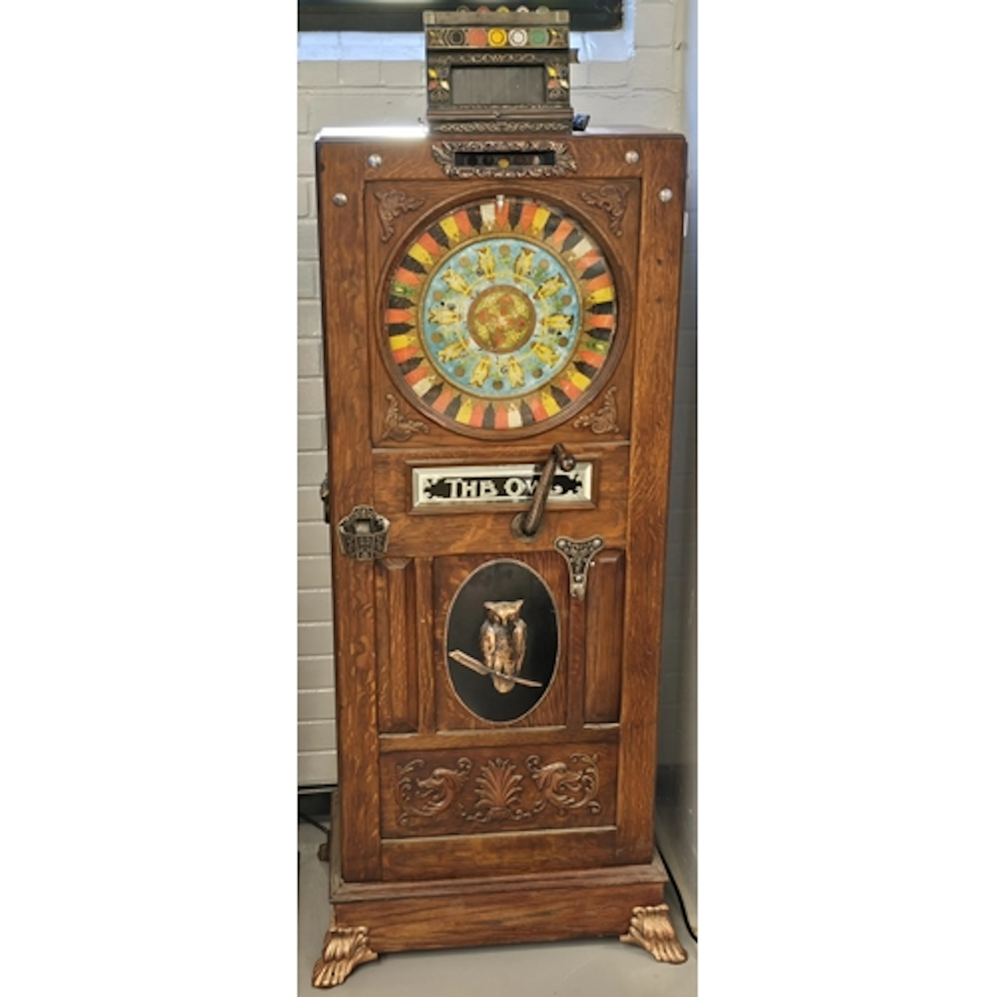 Vintage Mills "The Owl" freestanding penny arcade slot machi...