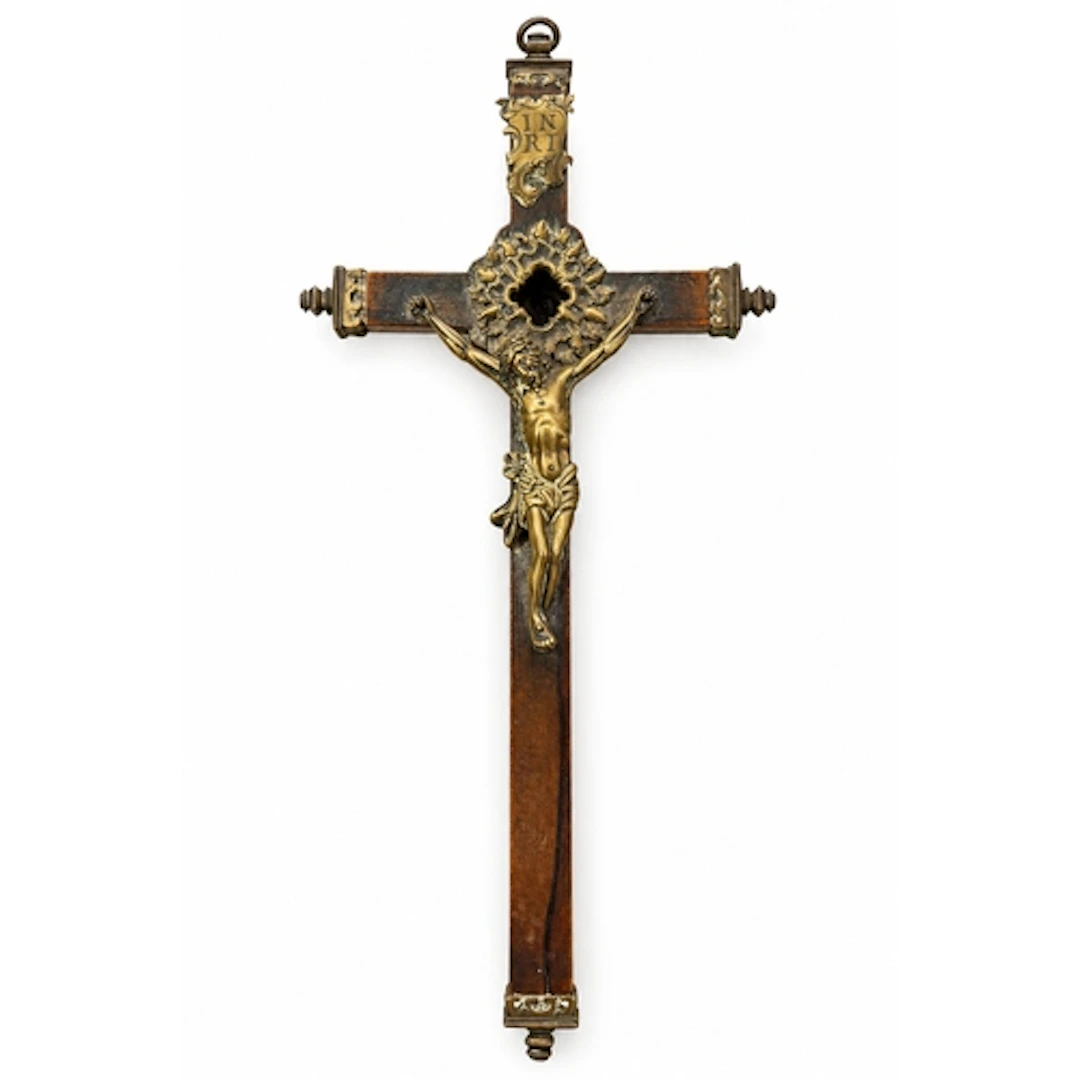 A finely crafted devotional cross of wooden construction, mo...
