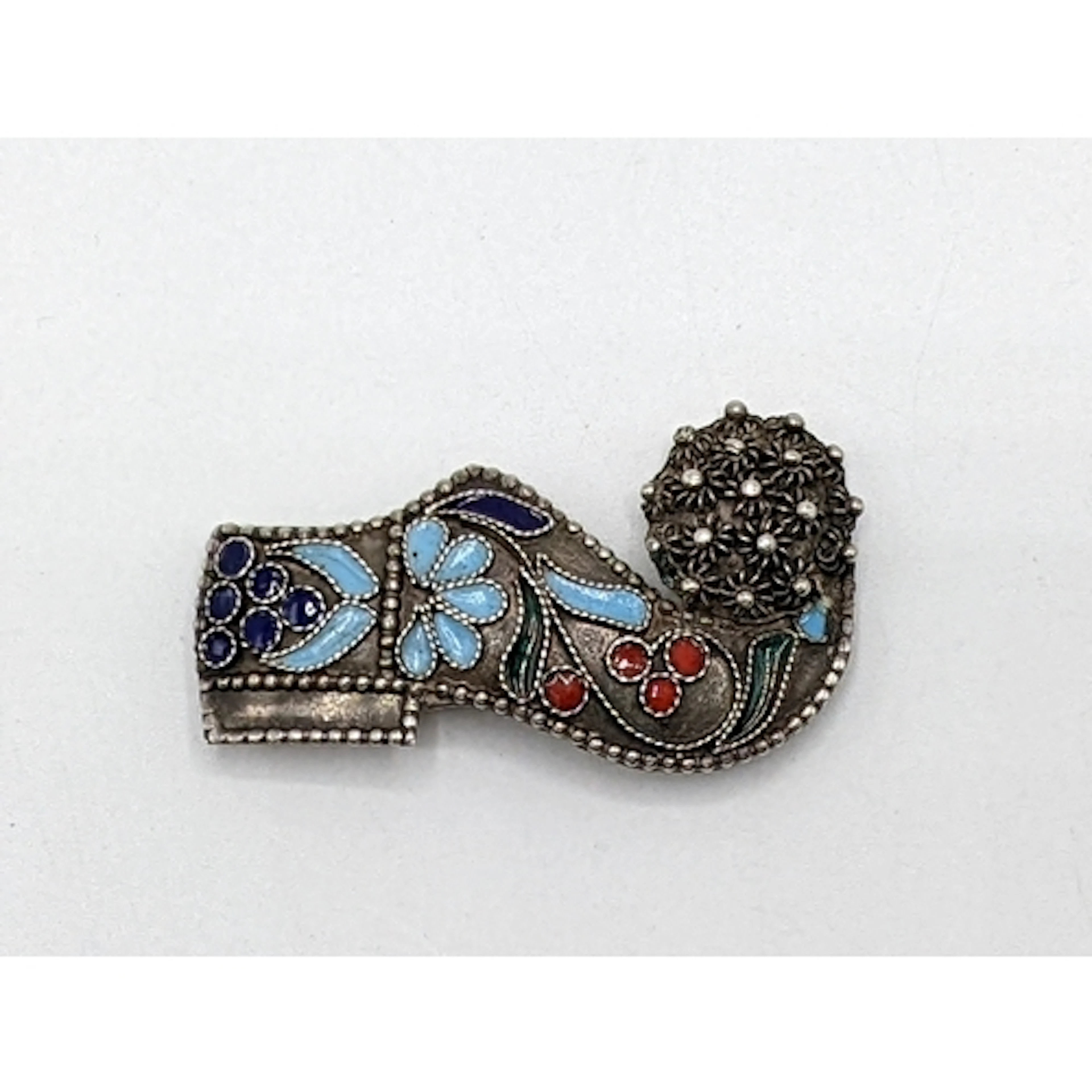 A silver and enamelled Greek Tsarouchi shoe brooch with fili...