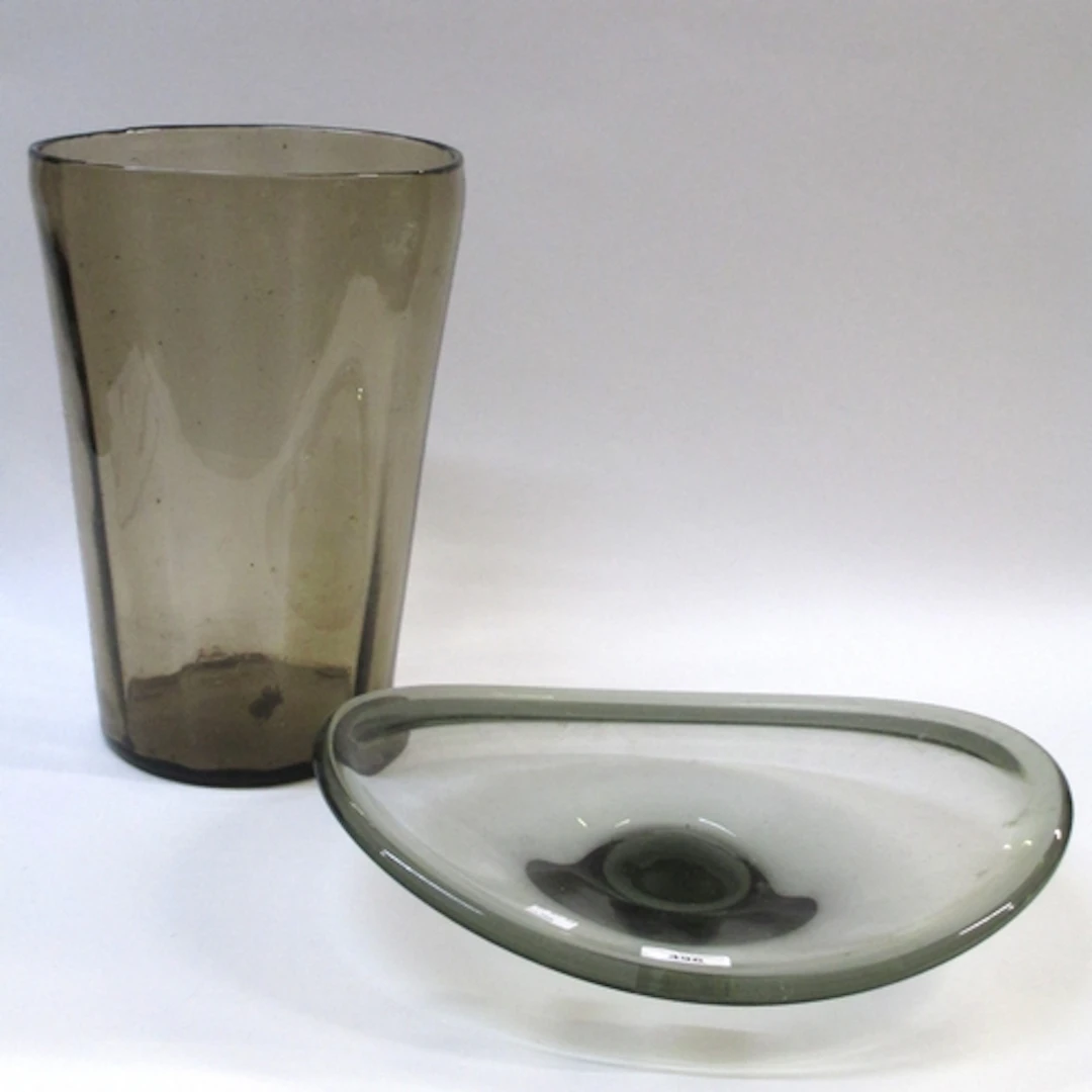Large smoke glass vase, of tapering form, together with a si...