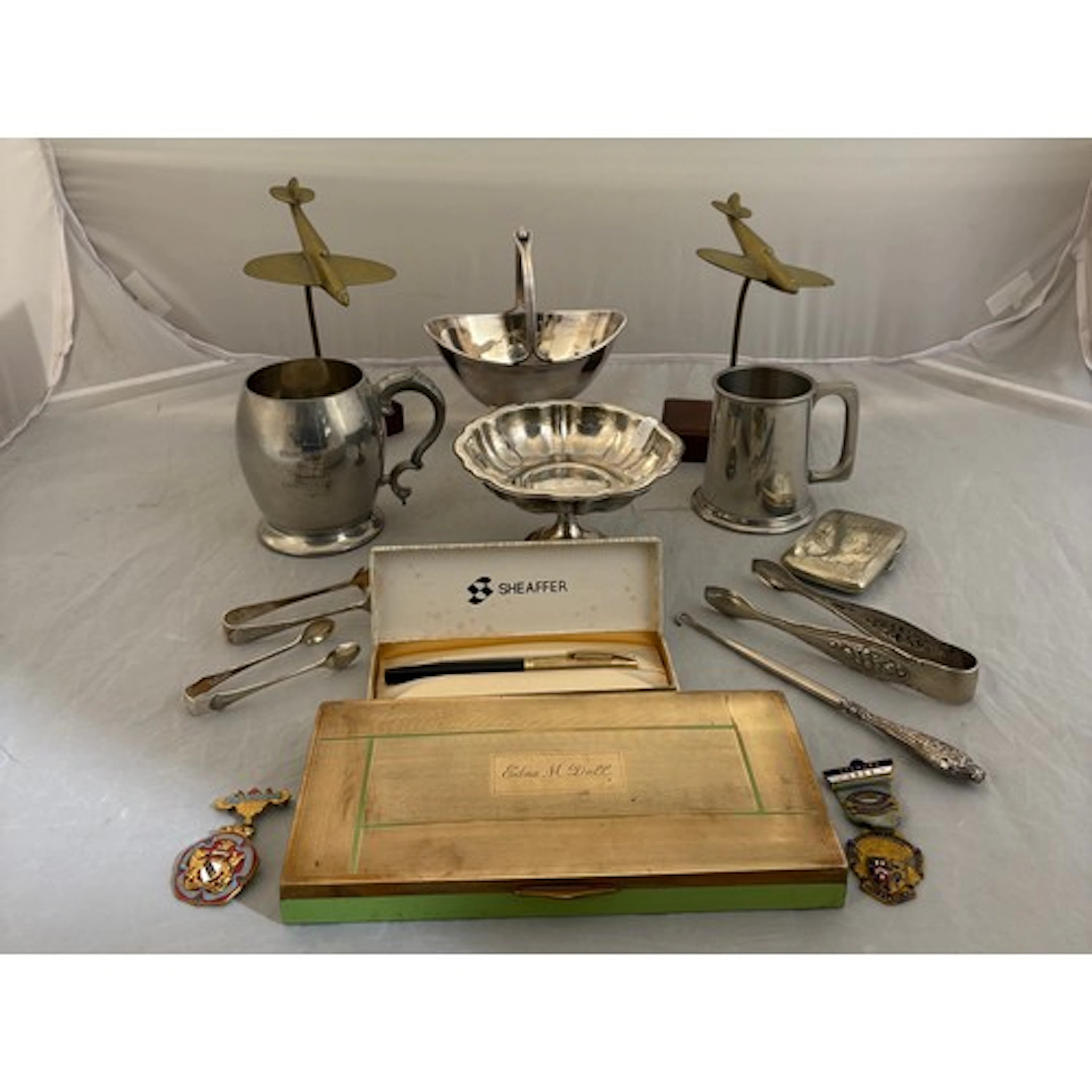 A qty of misc silver plate, brass planes, Masonic medal etc