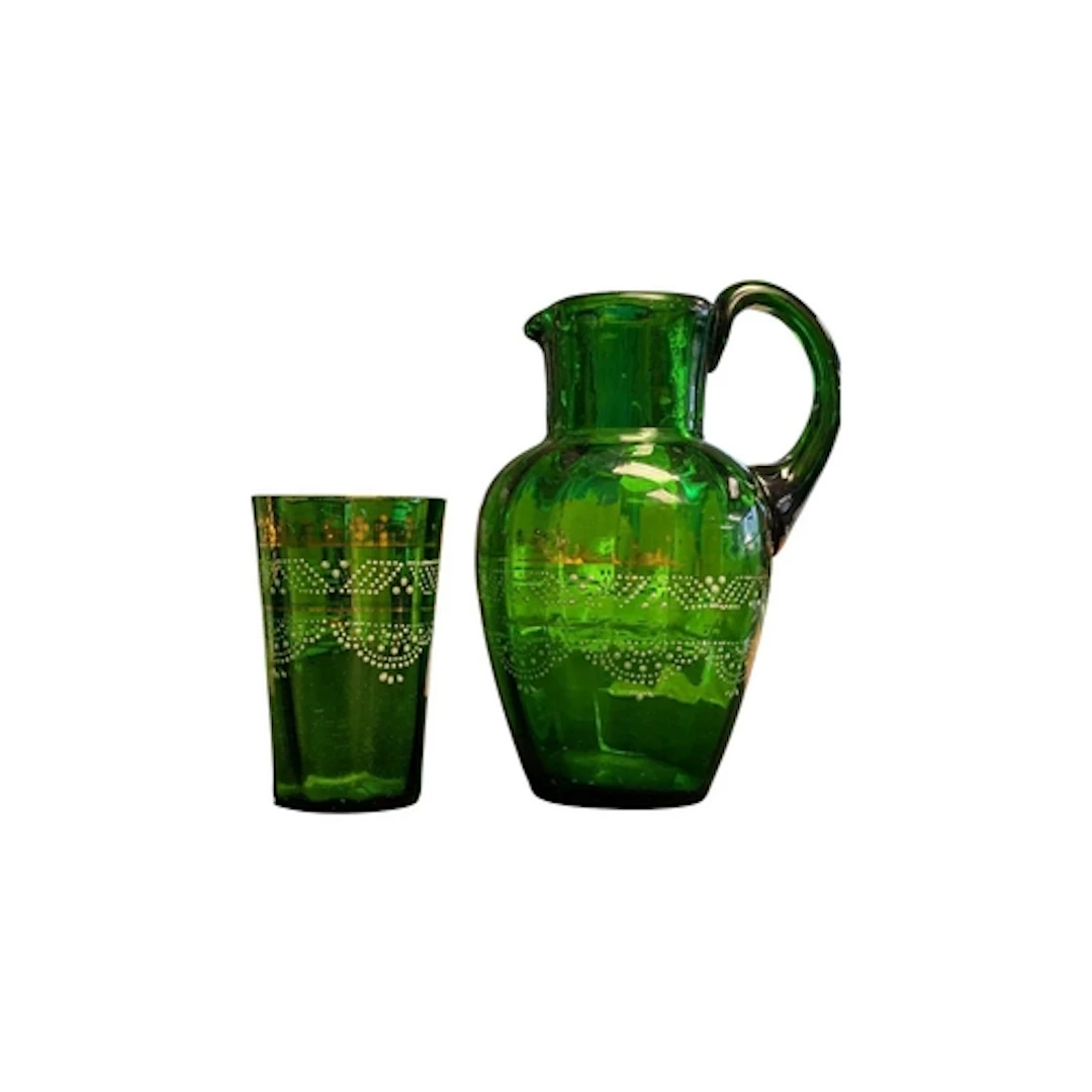 Two 19th century pieces of Bohemian green glass. Hand enamel...