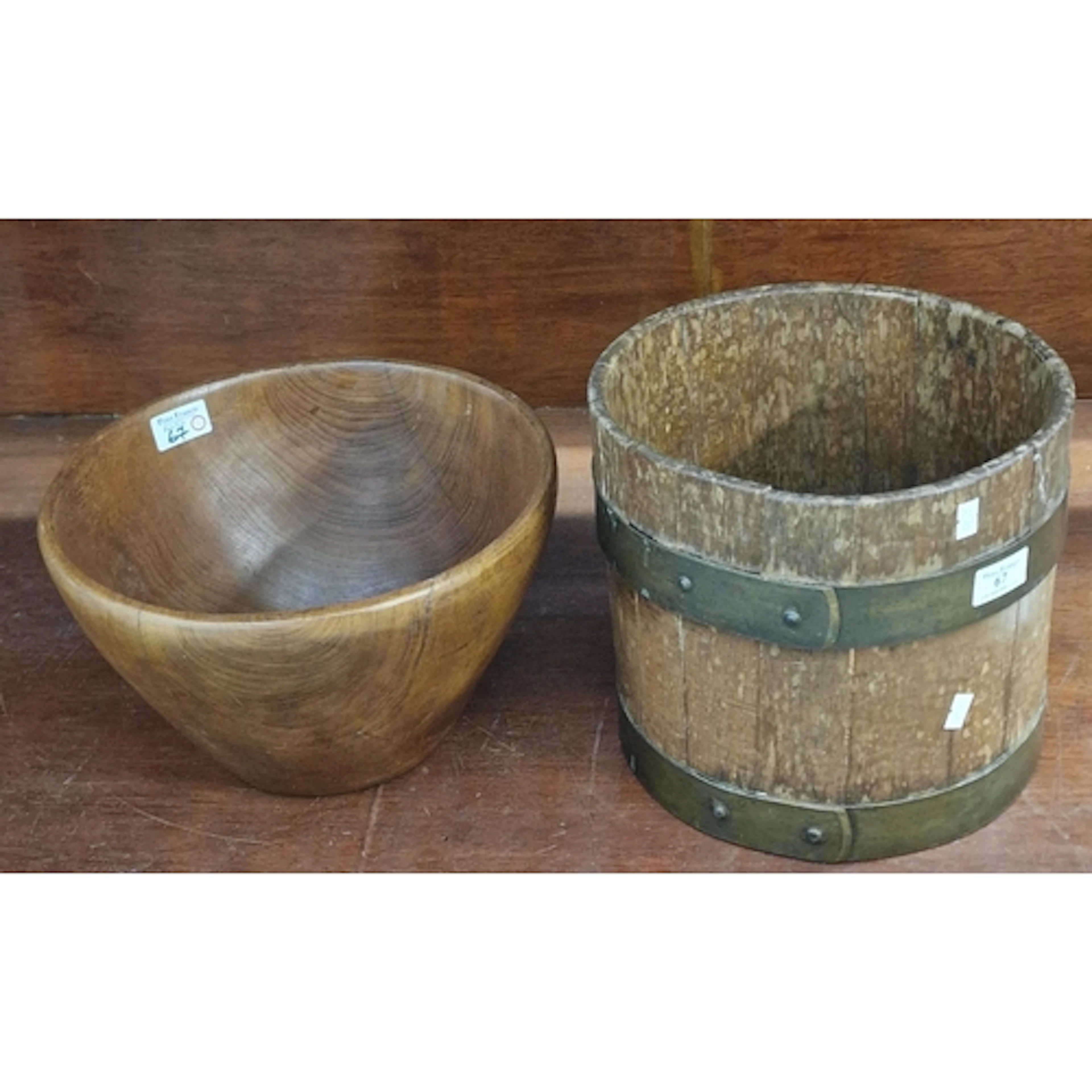 Modern treen fruit bowl, together with a vintage oak coopere...