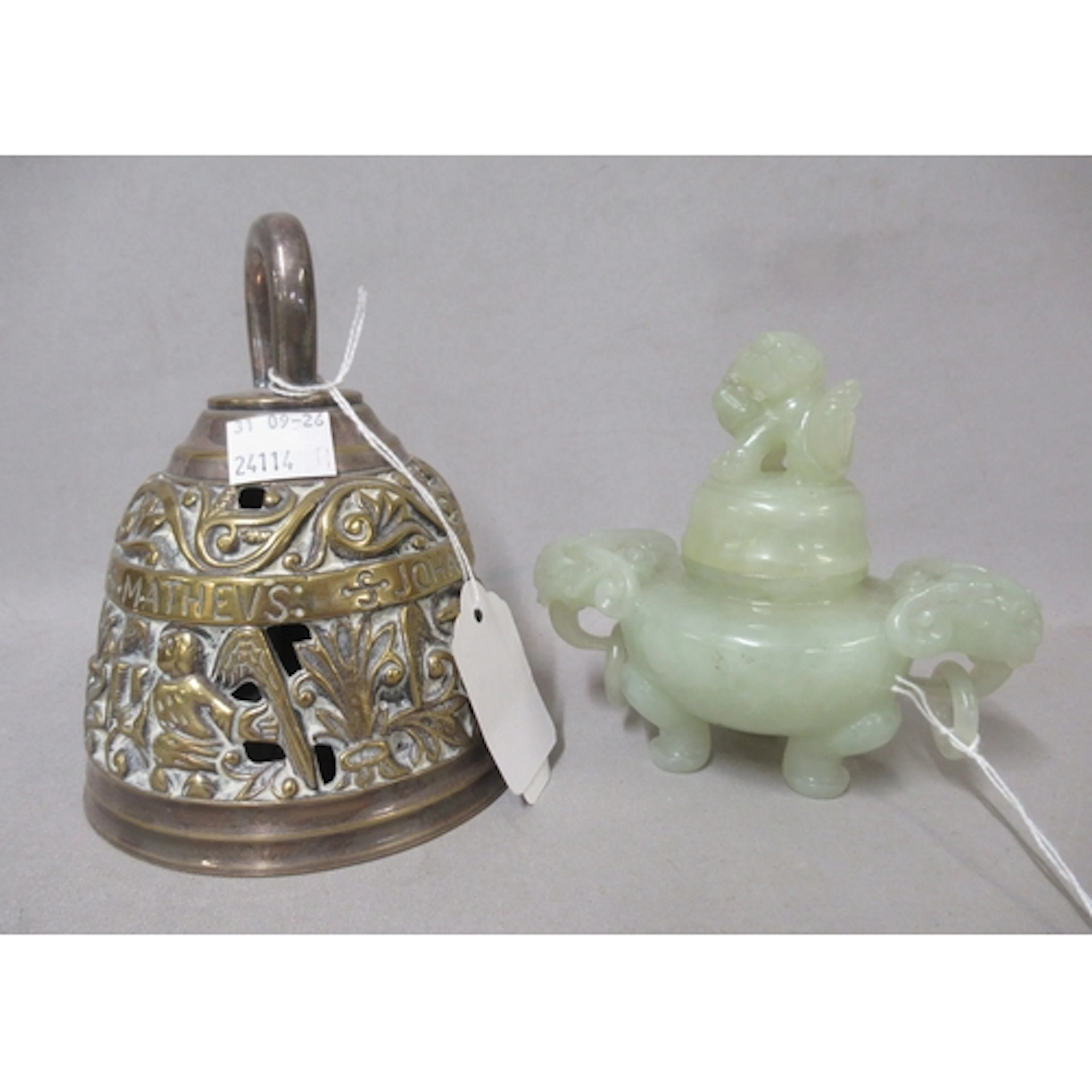 Chinese carved green stone two handled censer with dog of fo...