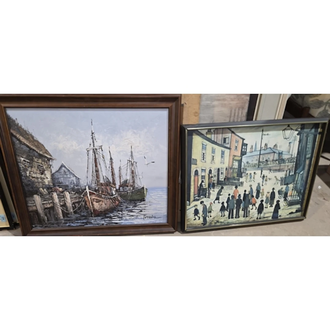 Oil painting of a seascape, Lowry print unsigned and other p...