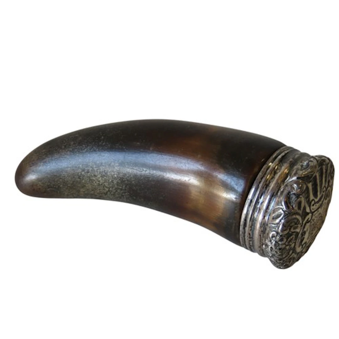 A SCOTTISH HORN MULL 19TH CENTURY the repousse silver top be...