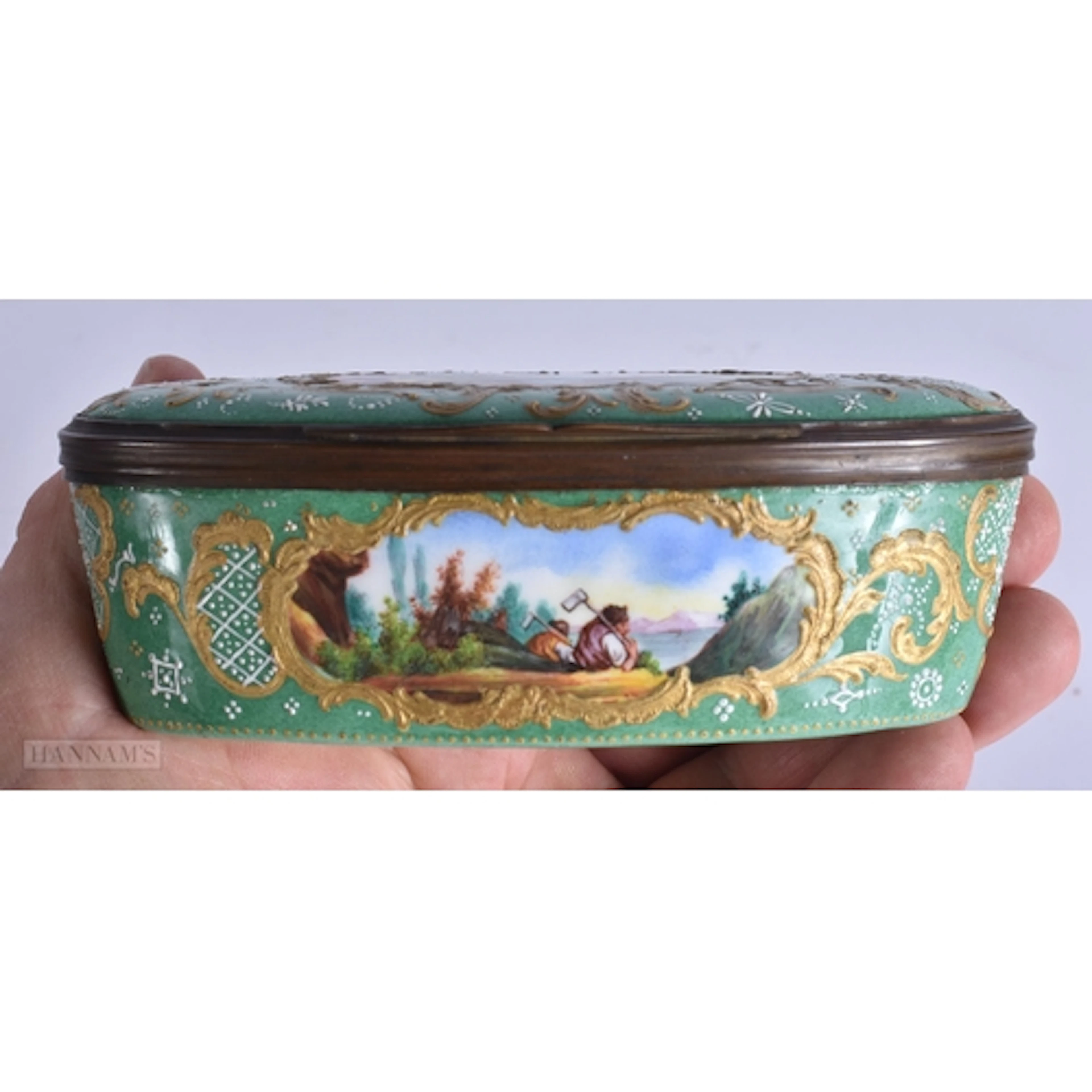 AN OVERSIZED 18TH CENTURY ENGLISH ENAMEL BOX painted with fi...