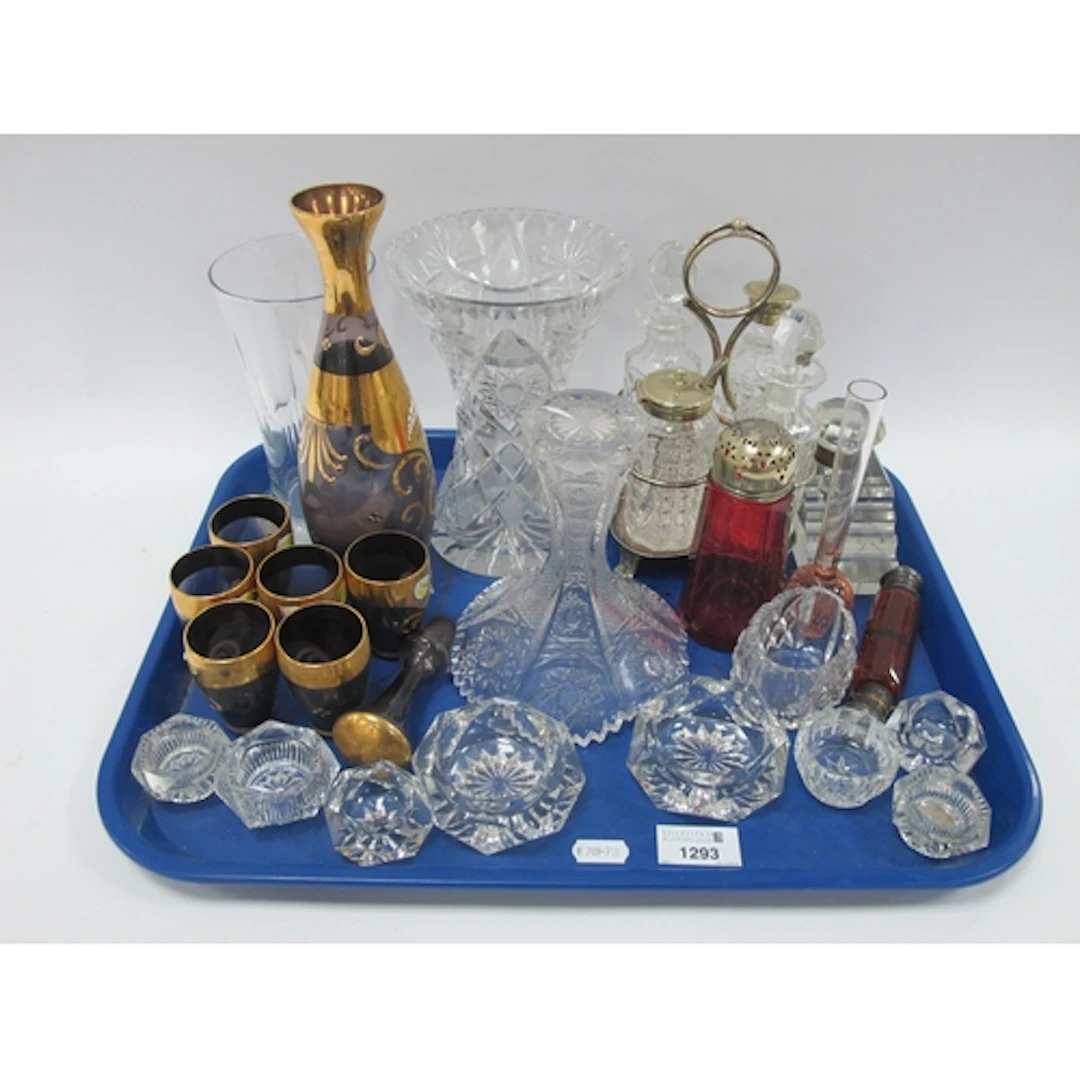 Cruet Set, vases, salts, inkwell, ruby glass twin-ended scen...