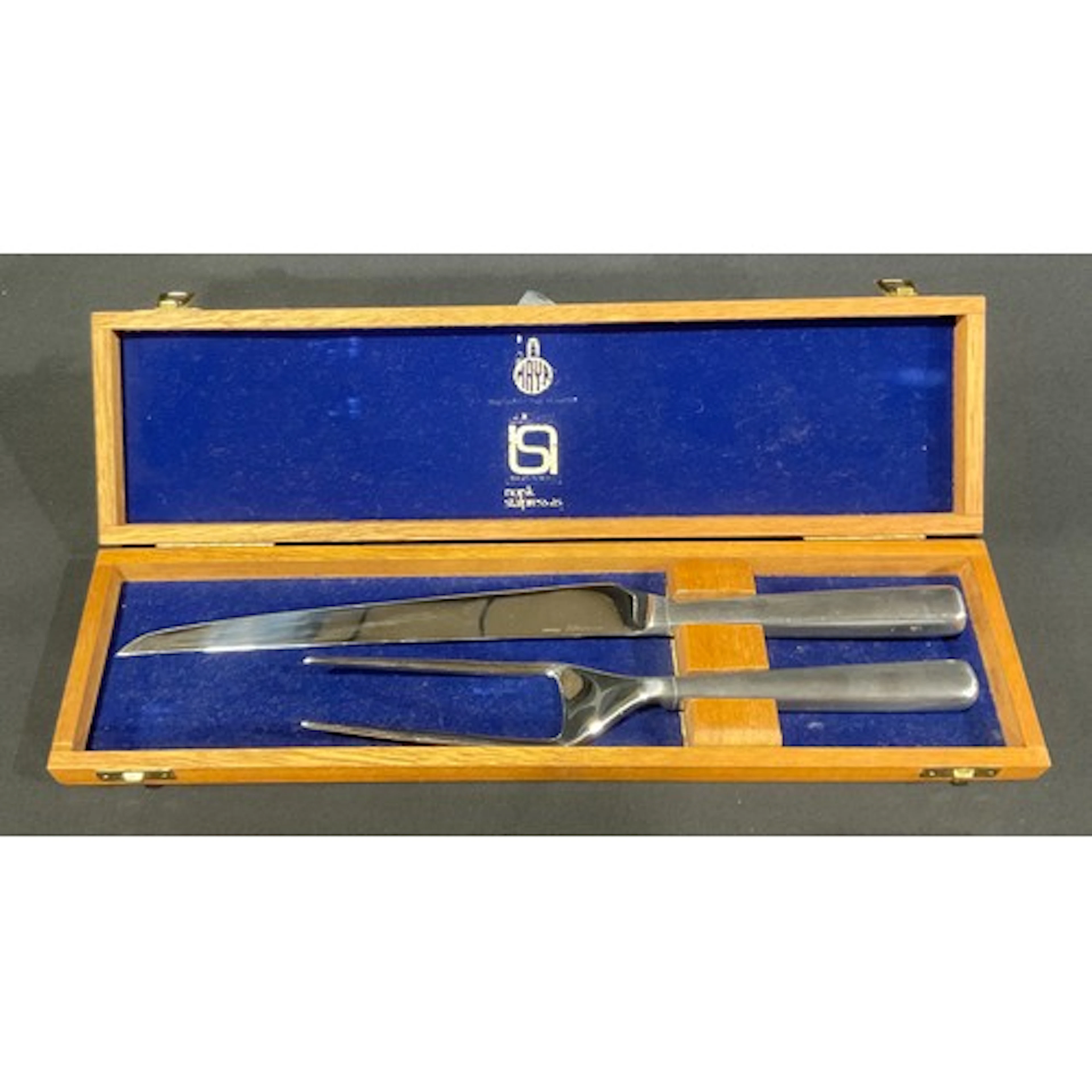 A Norwegian stainless steel carving set by Maya, teak case, ...