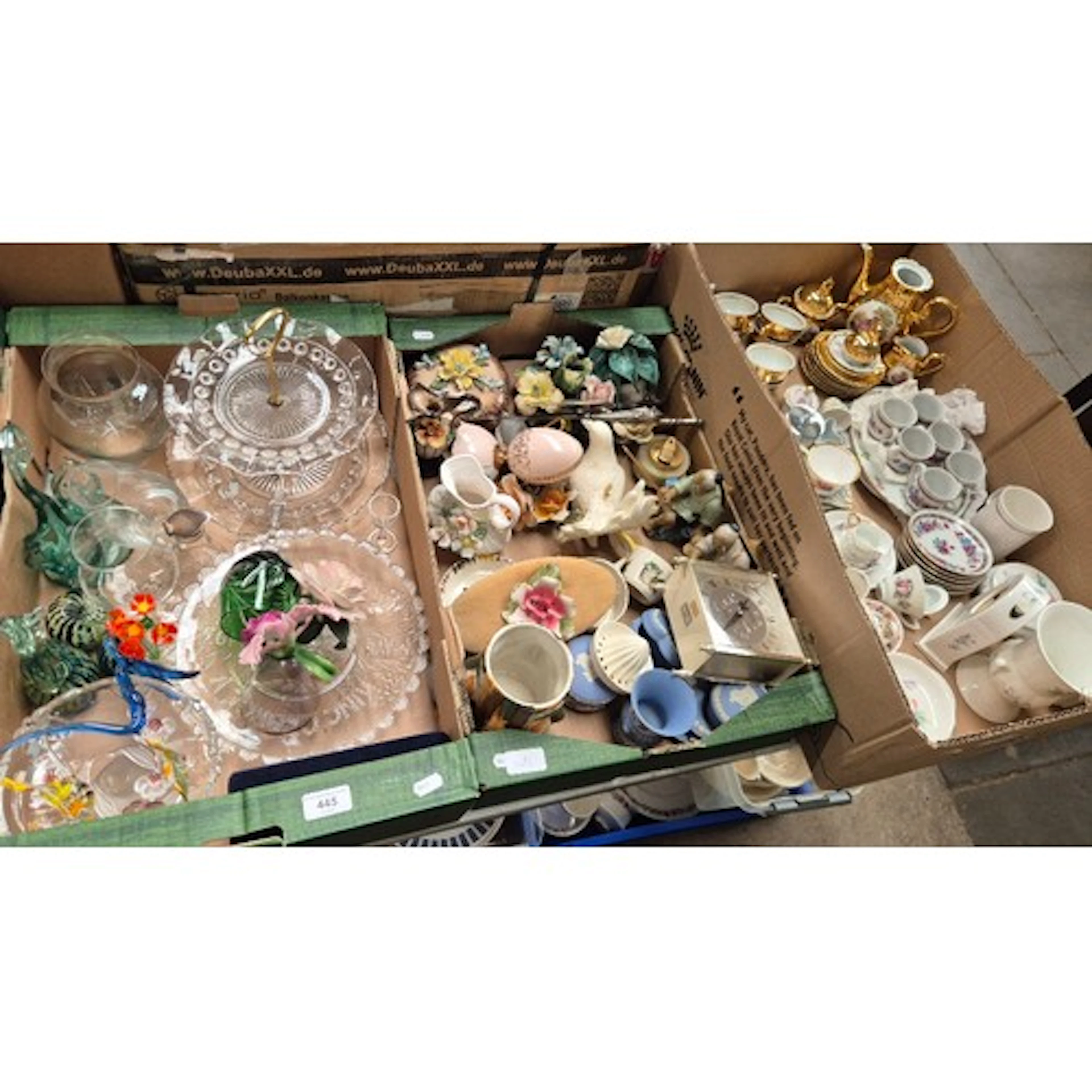 Three boxes of ceramics and glass to include floral posies, ...