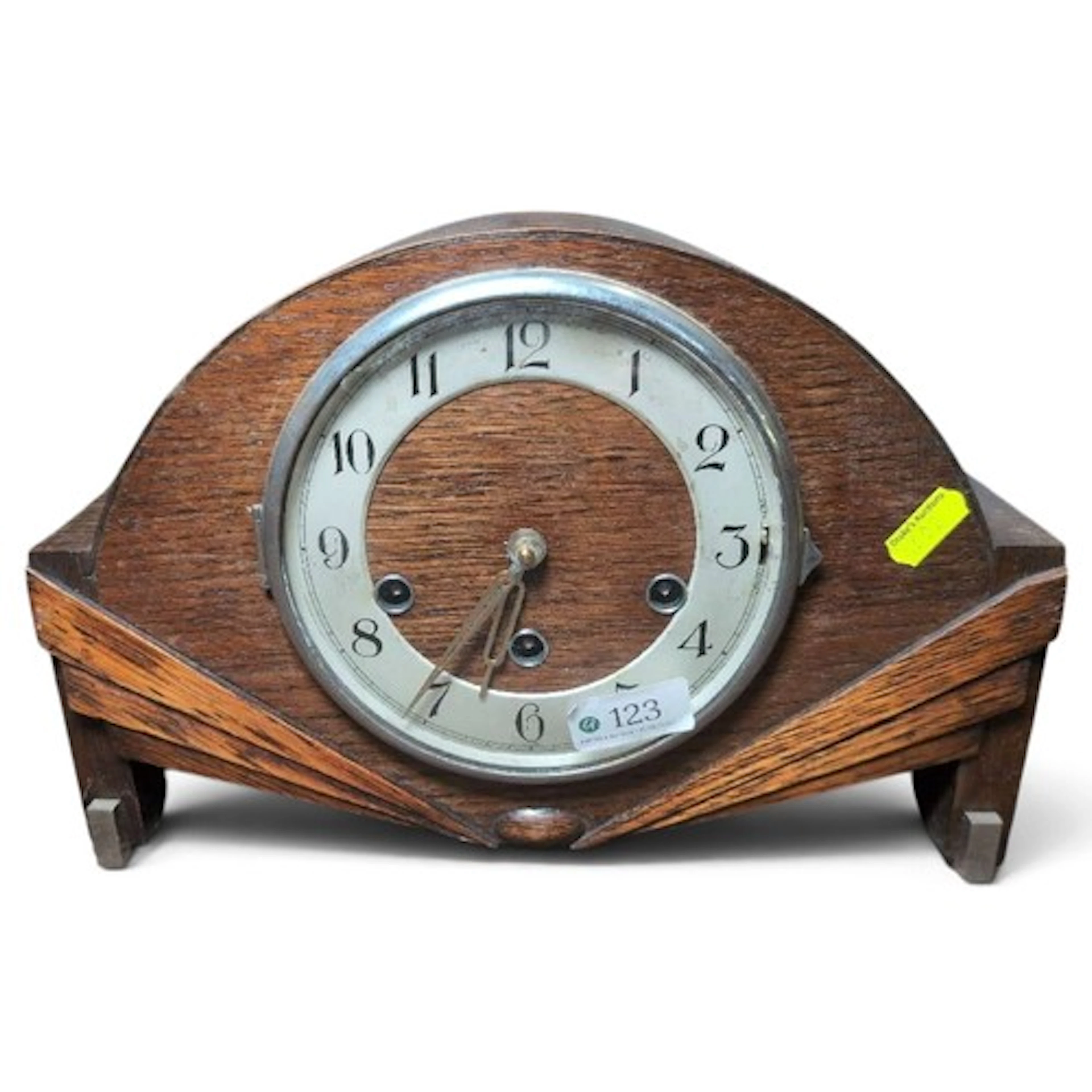 Art Deco-style oak mantel clock, with Haller movement.