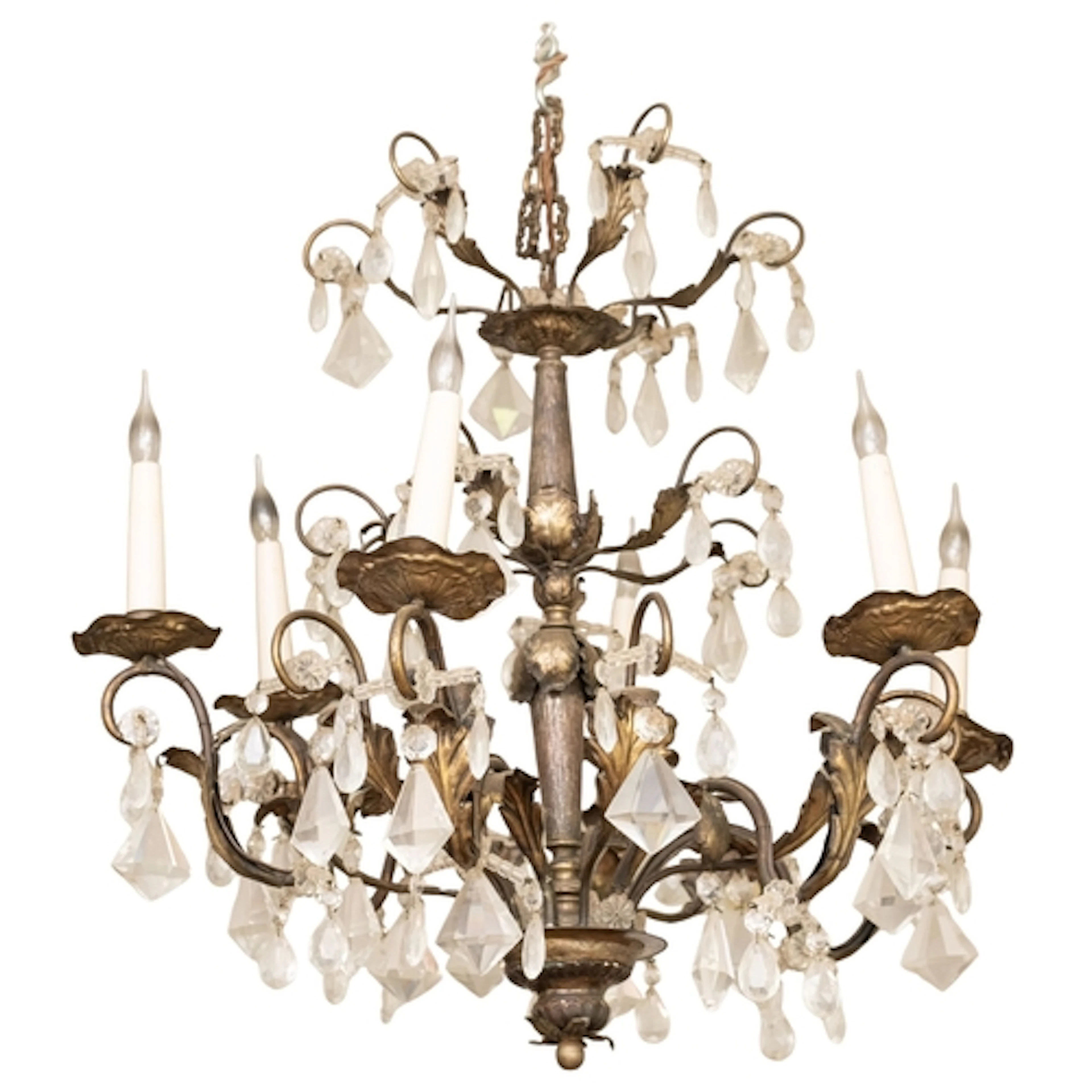 A gilt metal and glass hung six light chandelier, in Louis X...