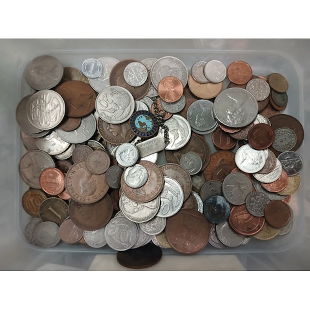 A tub of world coins.