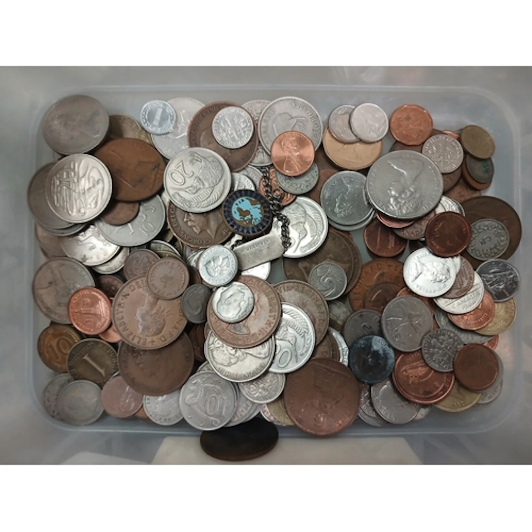 A tub of world coins.