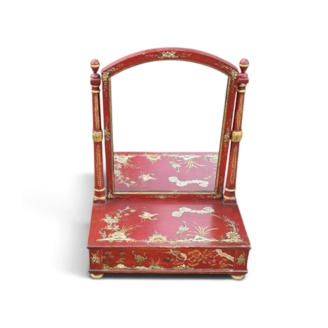 A QUEEN ANNE STYLE CHINOISERIE RED LACQUERED DRESSING TABLE ...