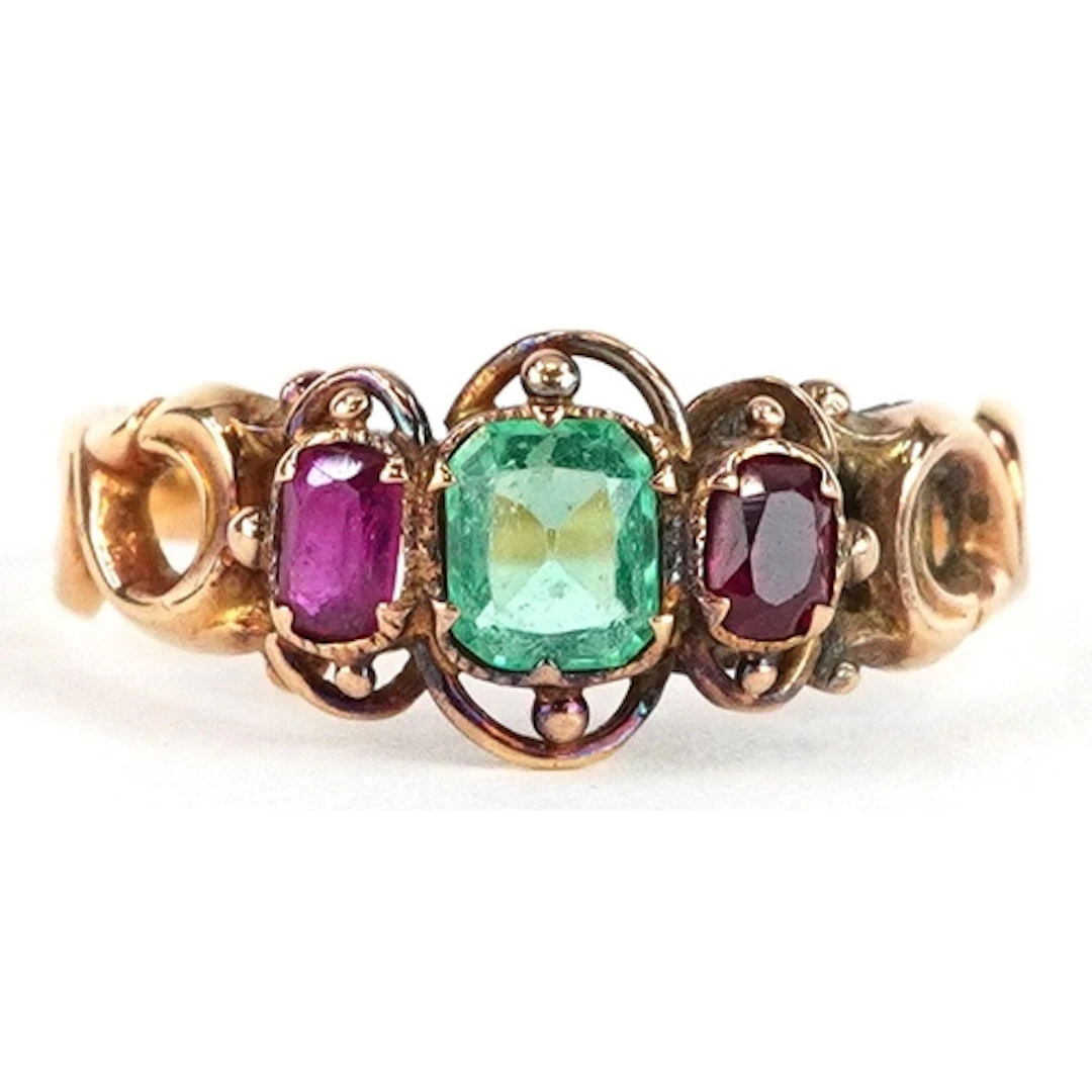 Antique unmarked gold green and pink stone trilogy ring with...
