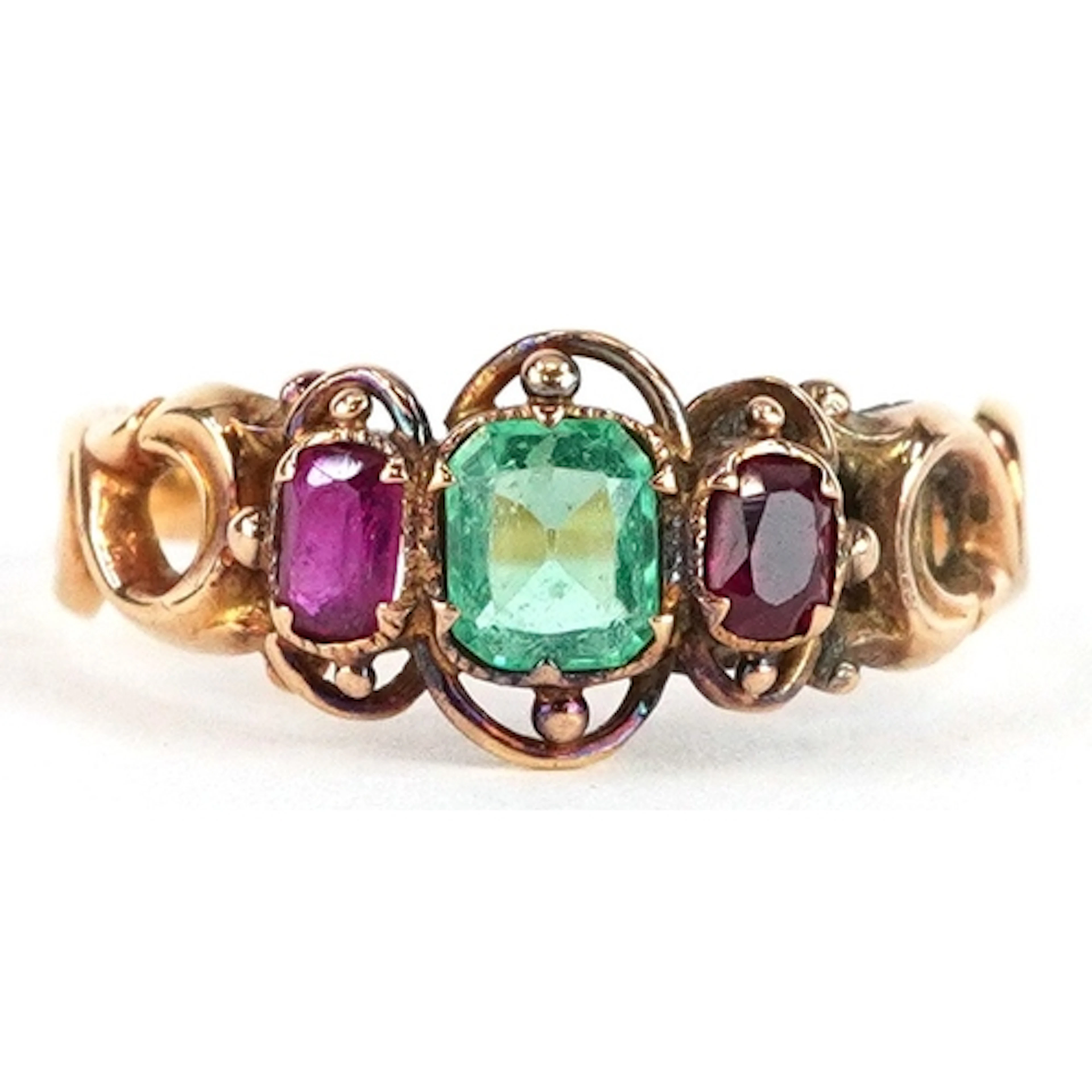 Antique unmarked gold green and pink stone trilogy ring with...