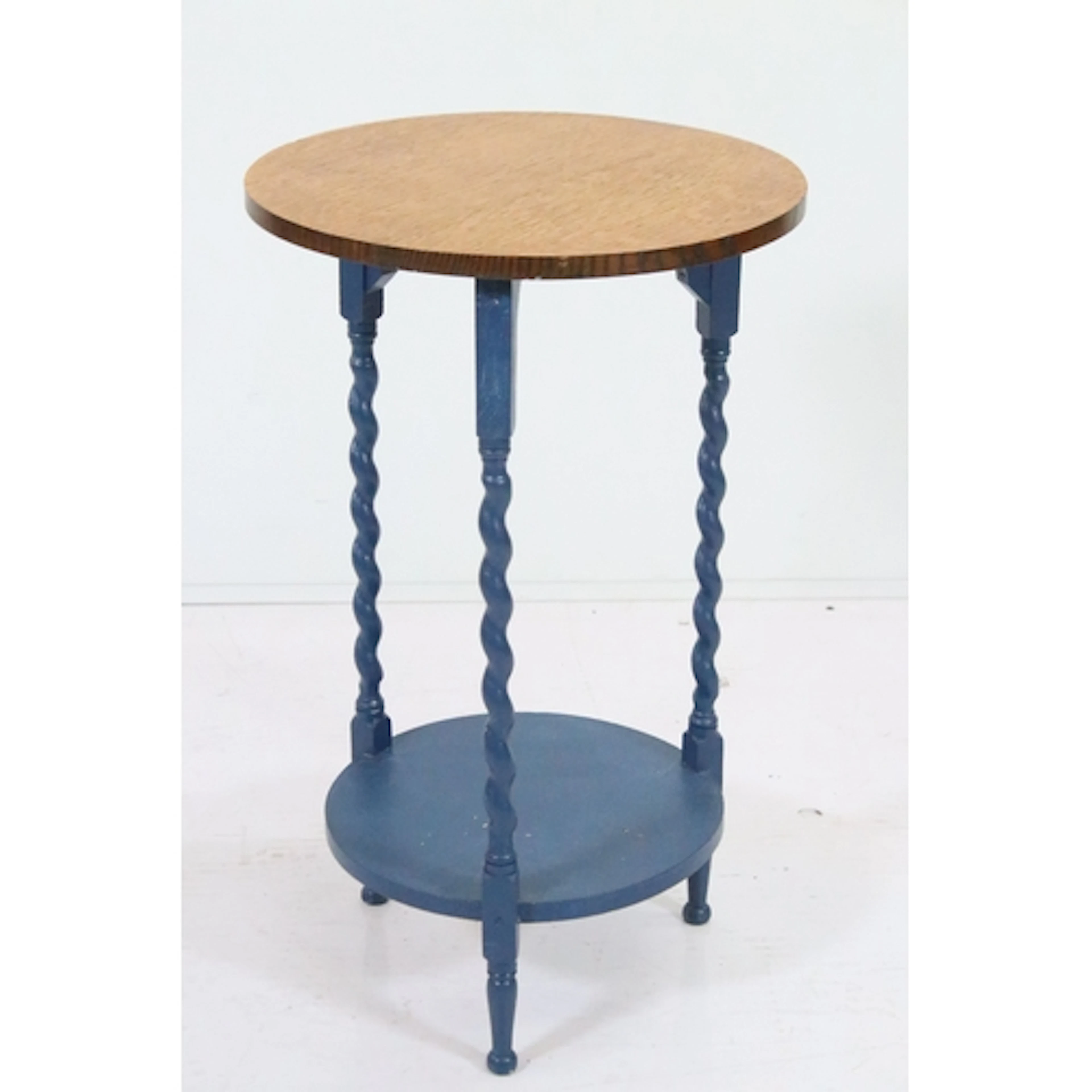 20th century oak topped barley twist side table, having blue...