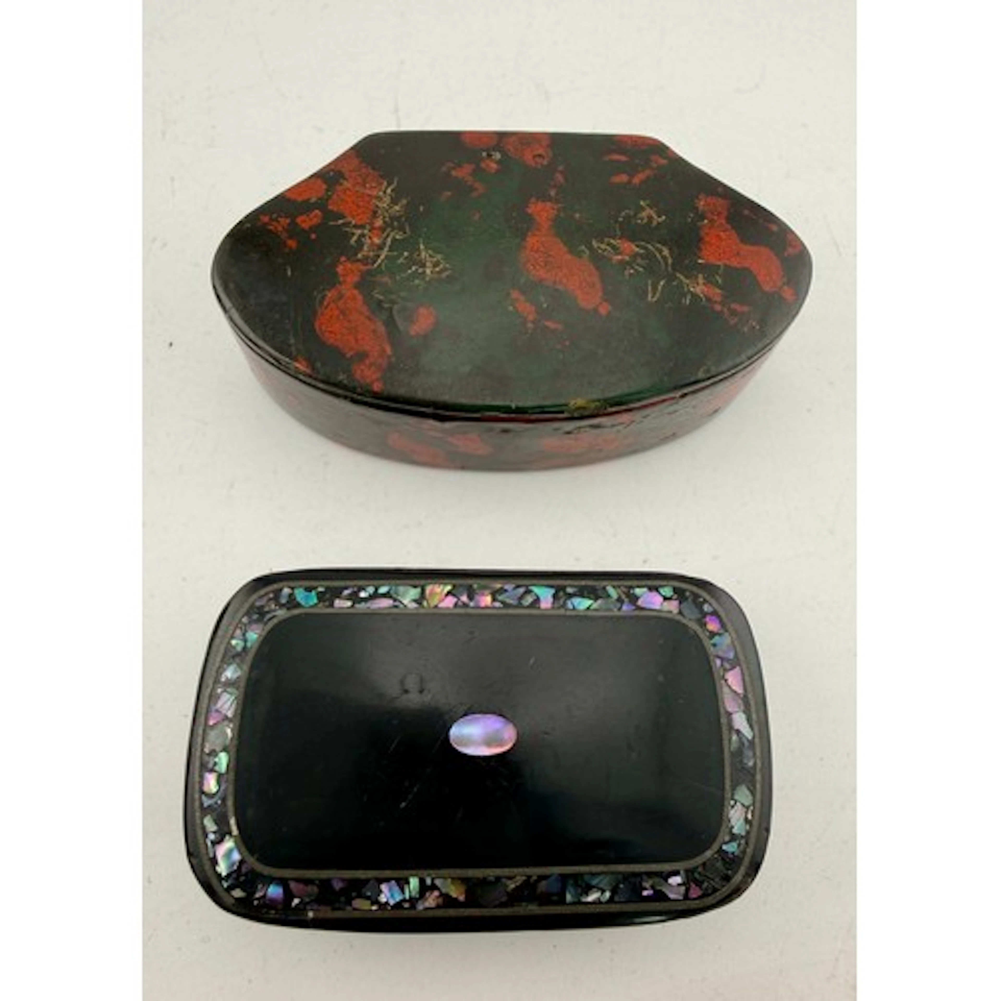 Two 19thC papier mâché snuff boxes.