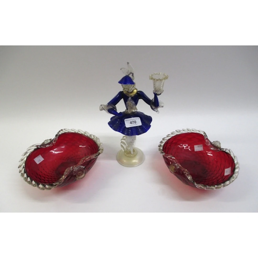 Venetian glass figural candlestick, 26cm high, together with...