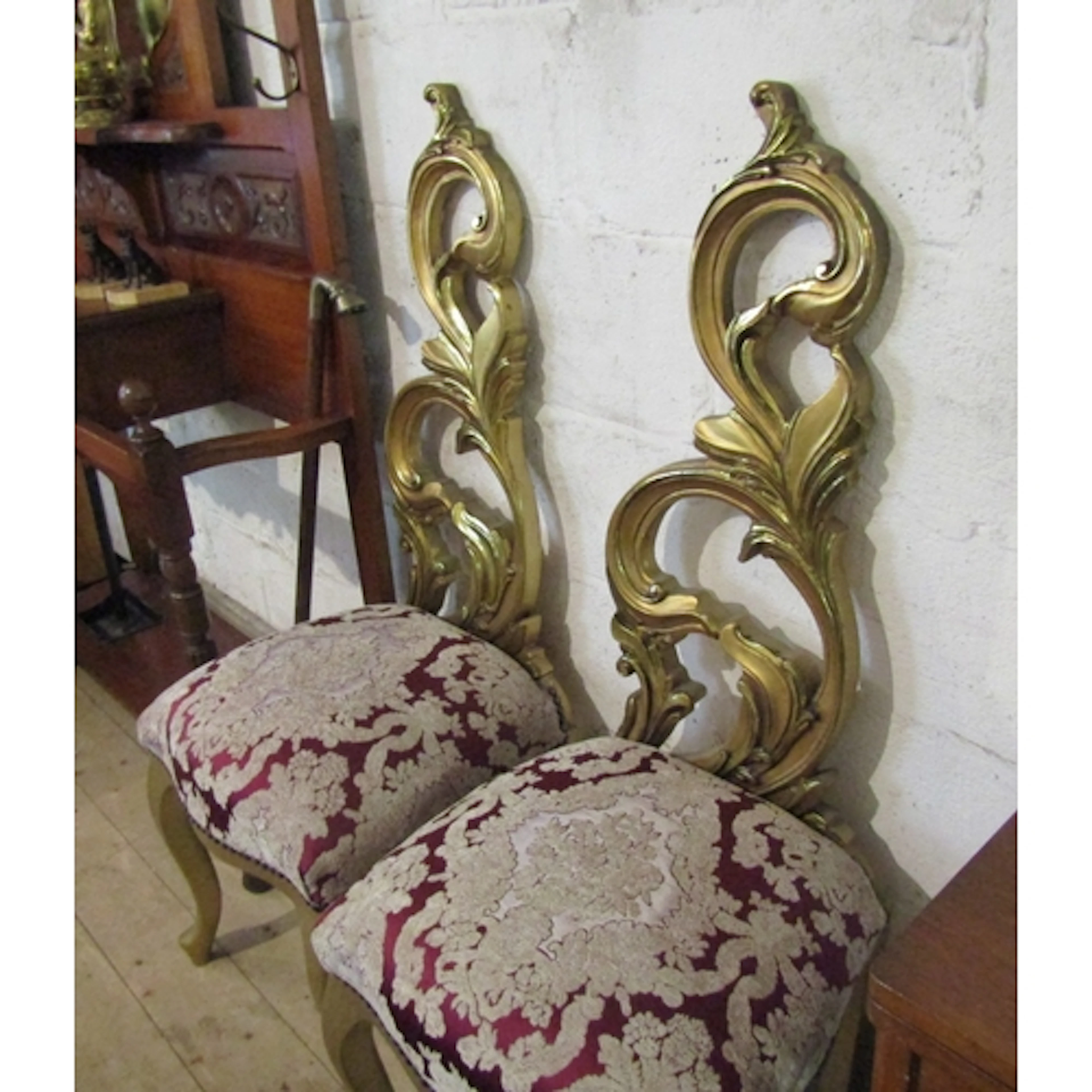 Pair of Carved Giltwood Designer Side Chairs Upholstered Sea...