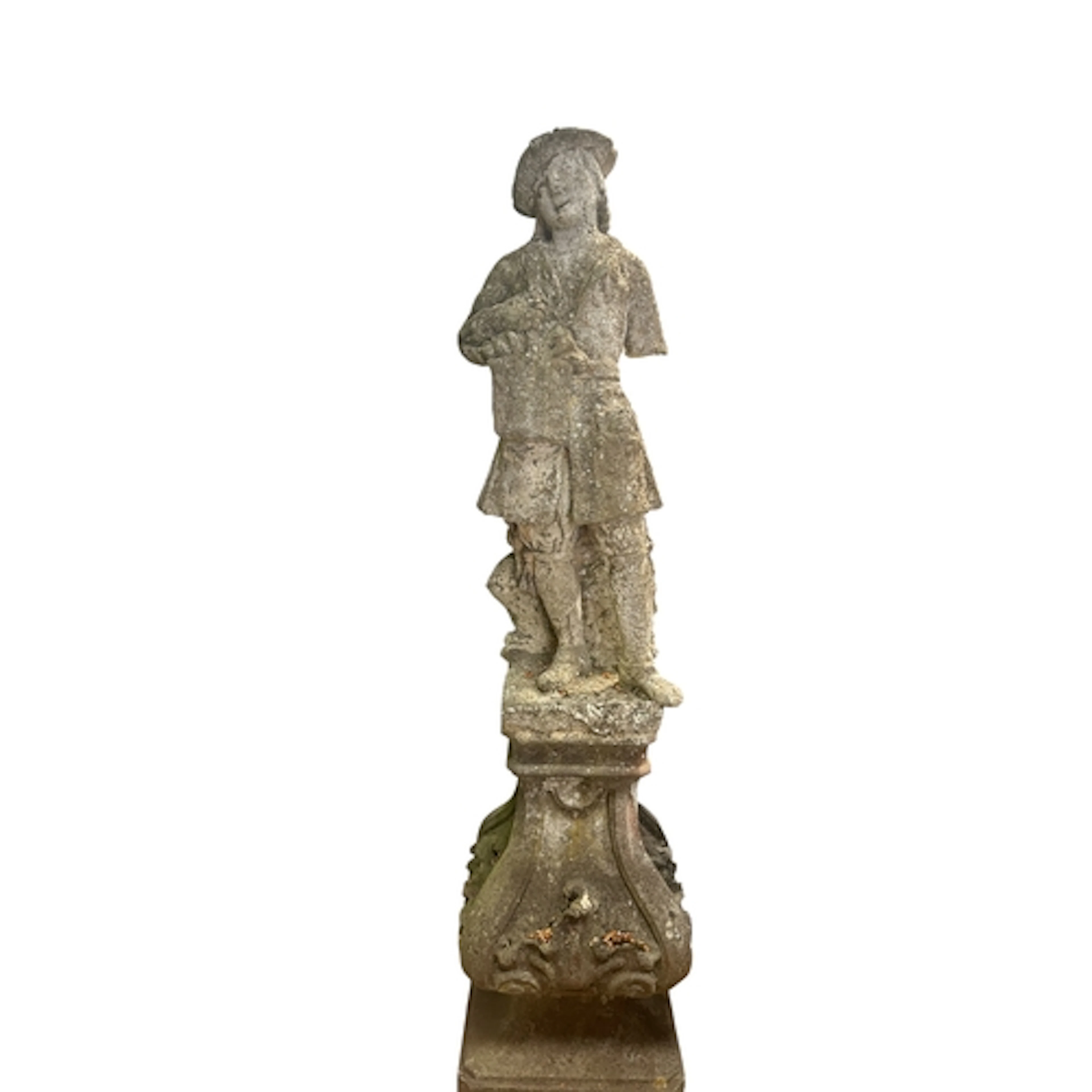 A CARVED STONE FIGURE OF A GARDENER 185 H x 45 W x 45 D cm...