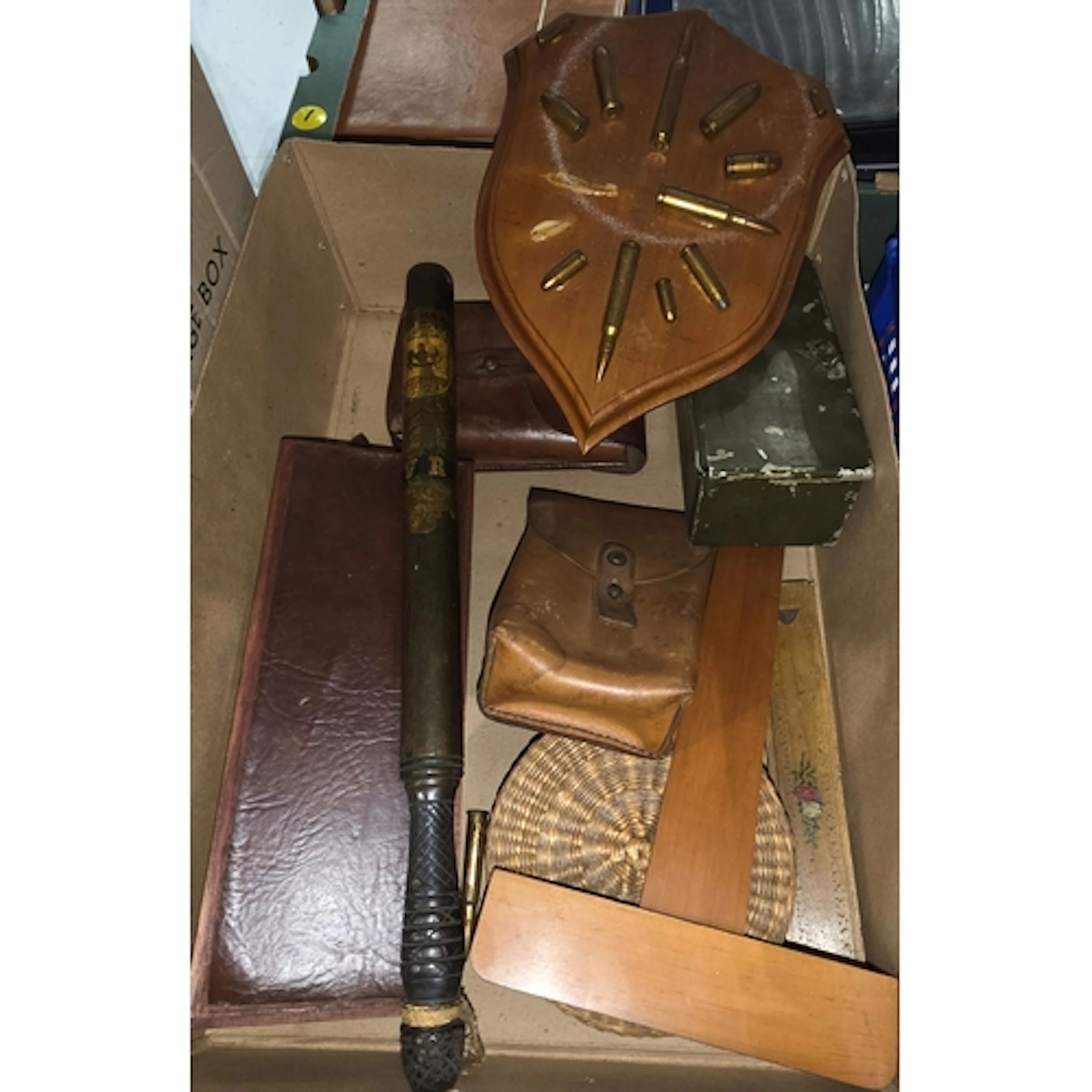 A Victorian painted trucheon, bullet shield, leather bags et...