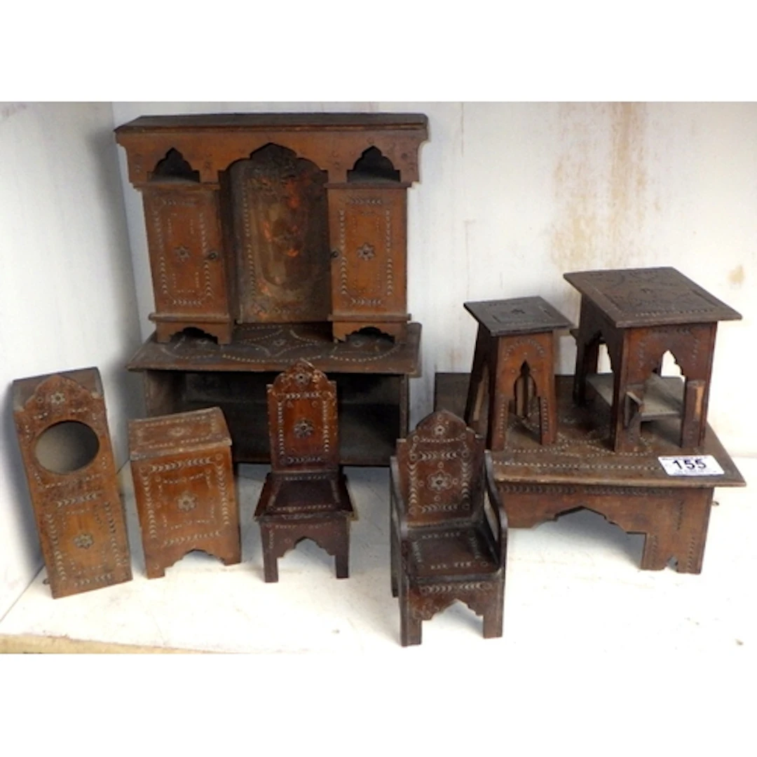 A group of pokerwork style miniature / dolls house furniture