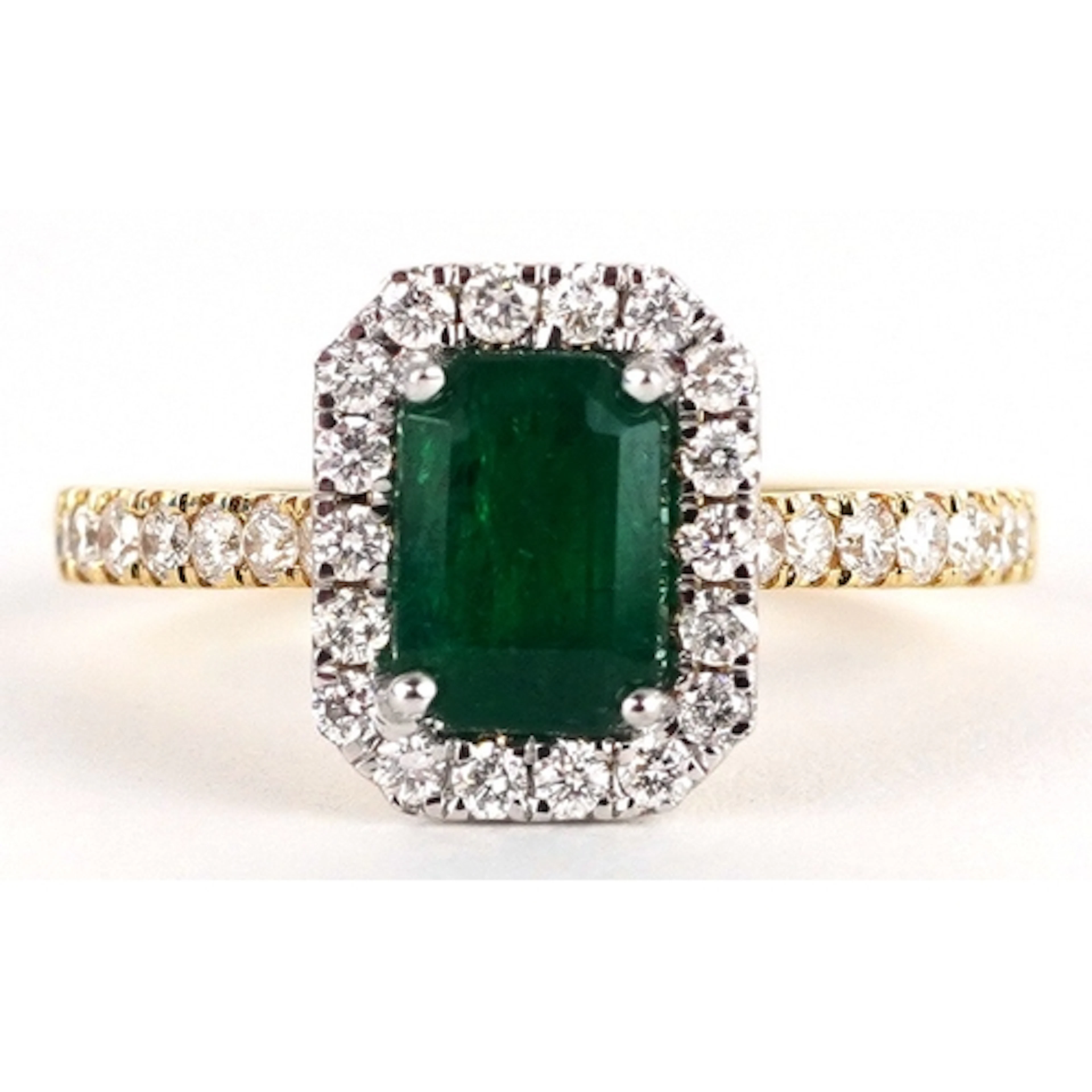 18ct gold step cut emerald and diamond cluster ring with dia...
