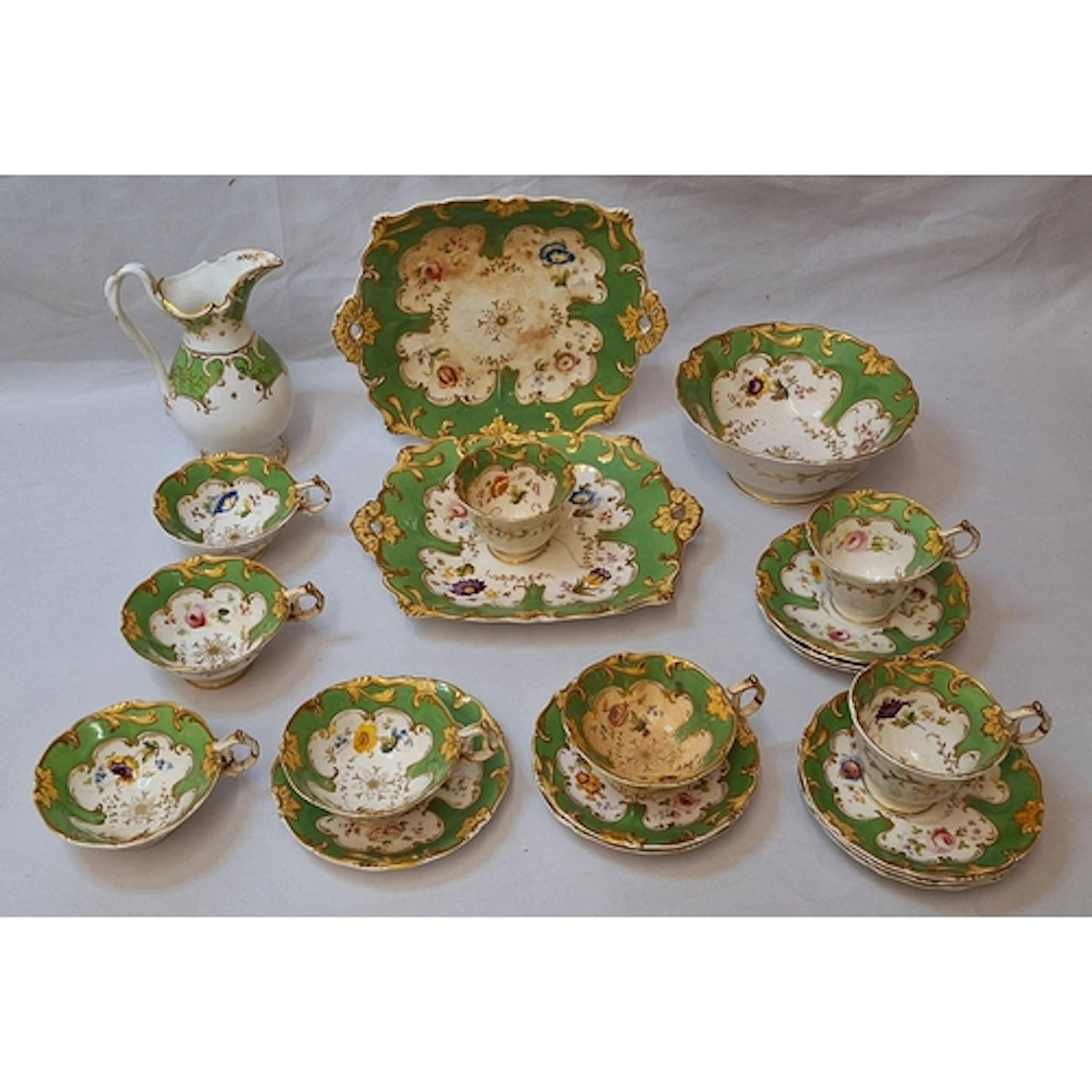 Antique Teawares White & Green Ground with floral decoration...