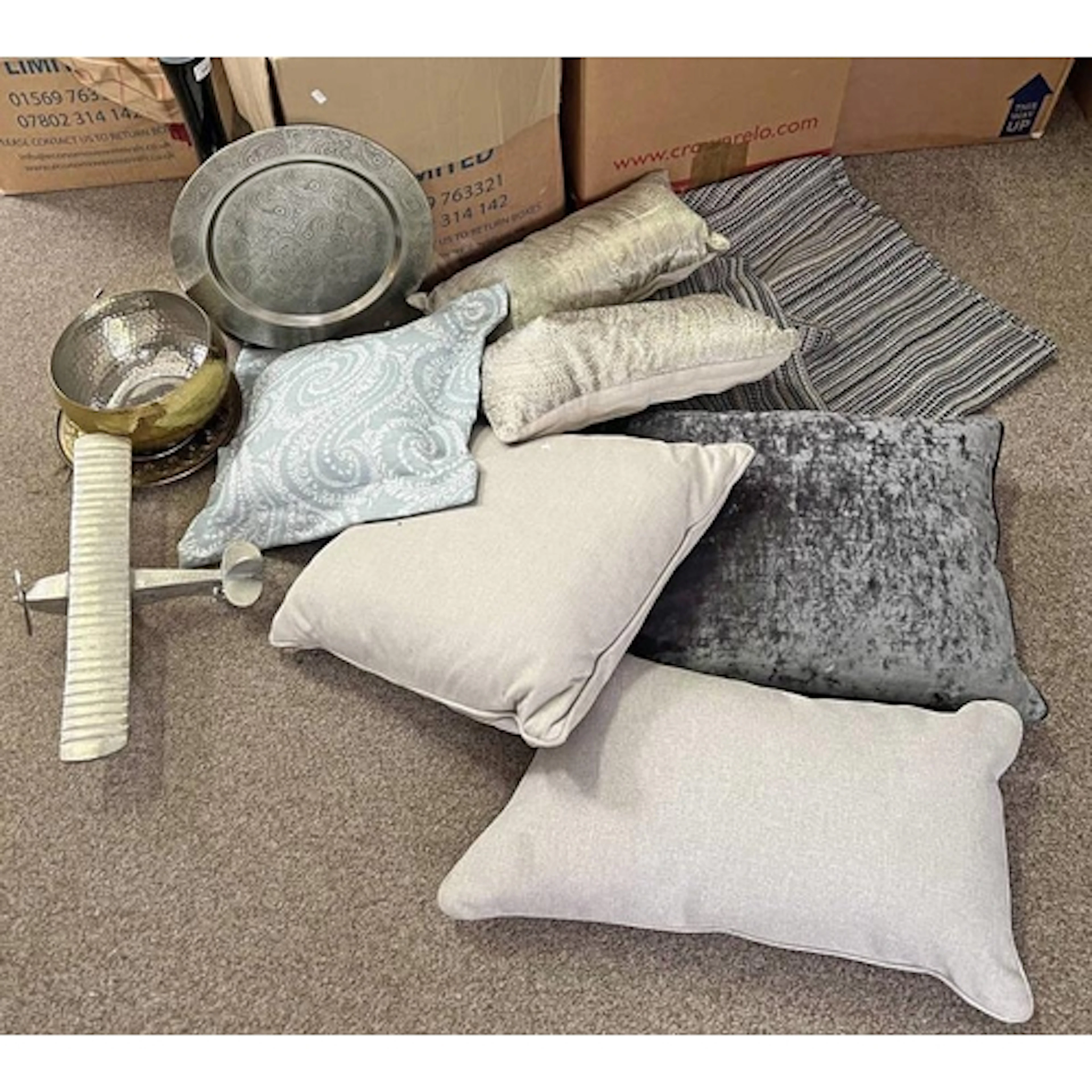 CUSHIONS, GLASS VASE, METAL AEROPLANE SCULPTURE ETC.