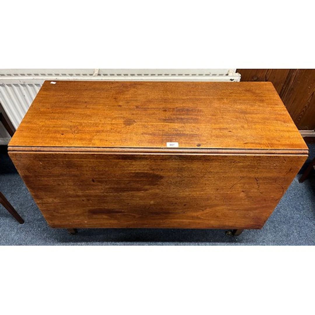Mahogany drop leaf table, 72cm tall x 98cm wide.