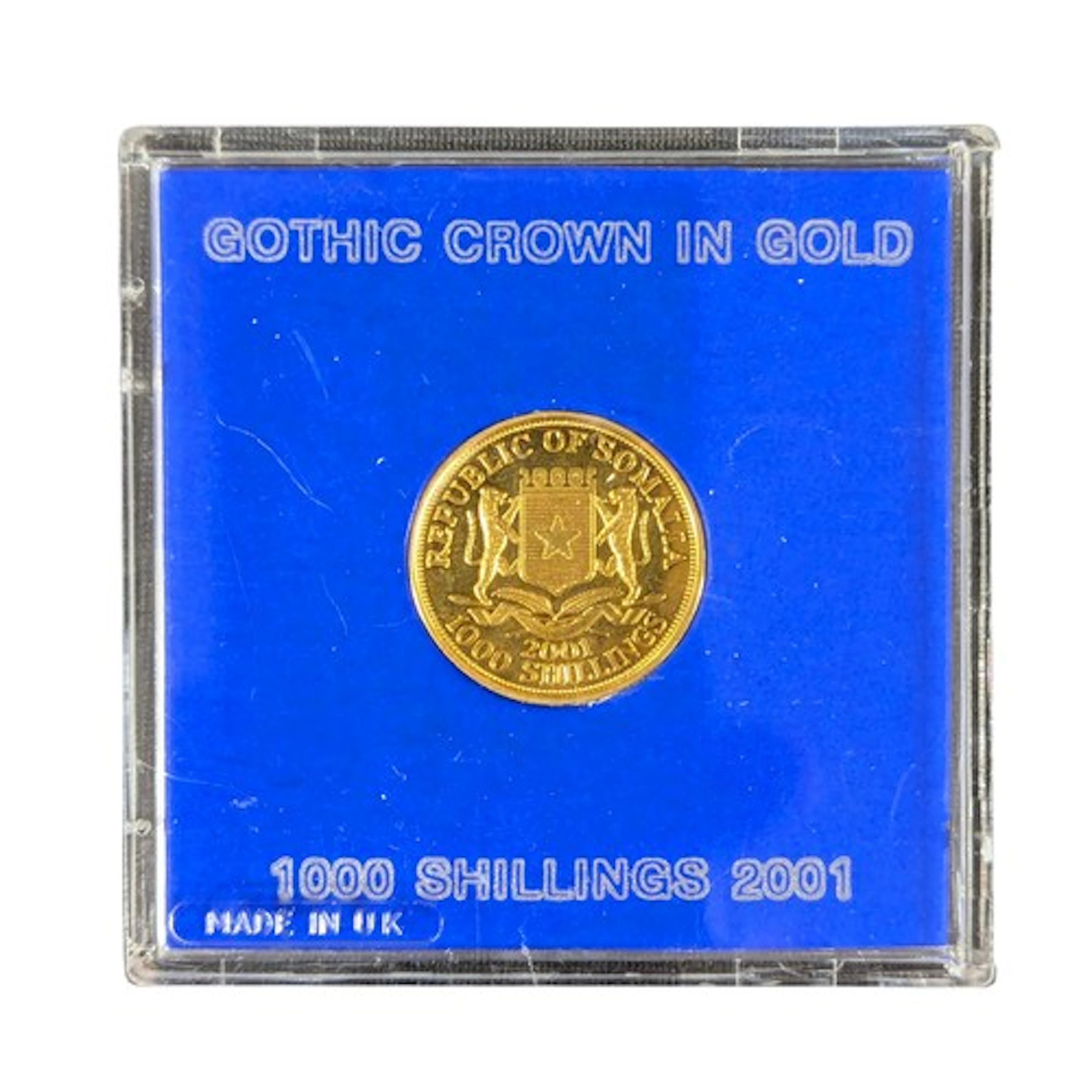 A 9ct gold proof Somalia 1000 Shilling coin, gothic Queen Vi...