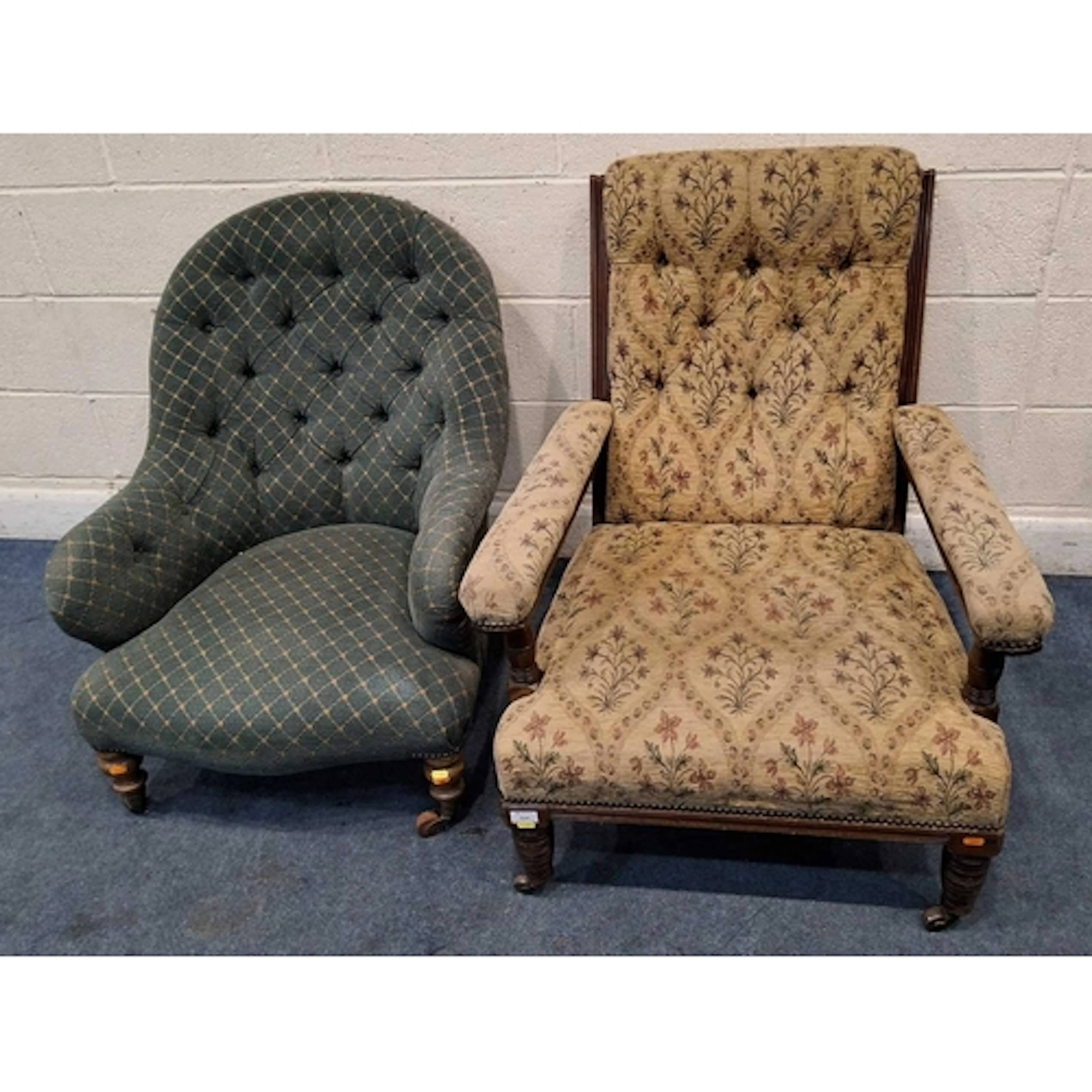 TWO ARMCHAIRS, one with beige and foliate upholstery, open a...