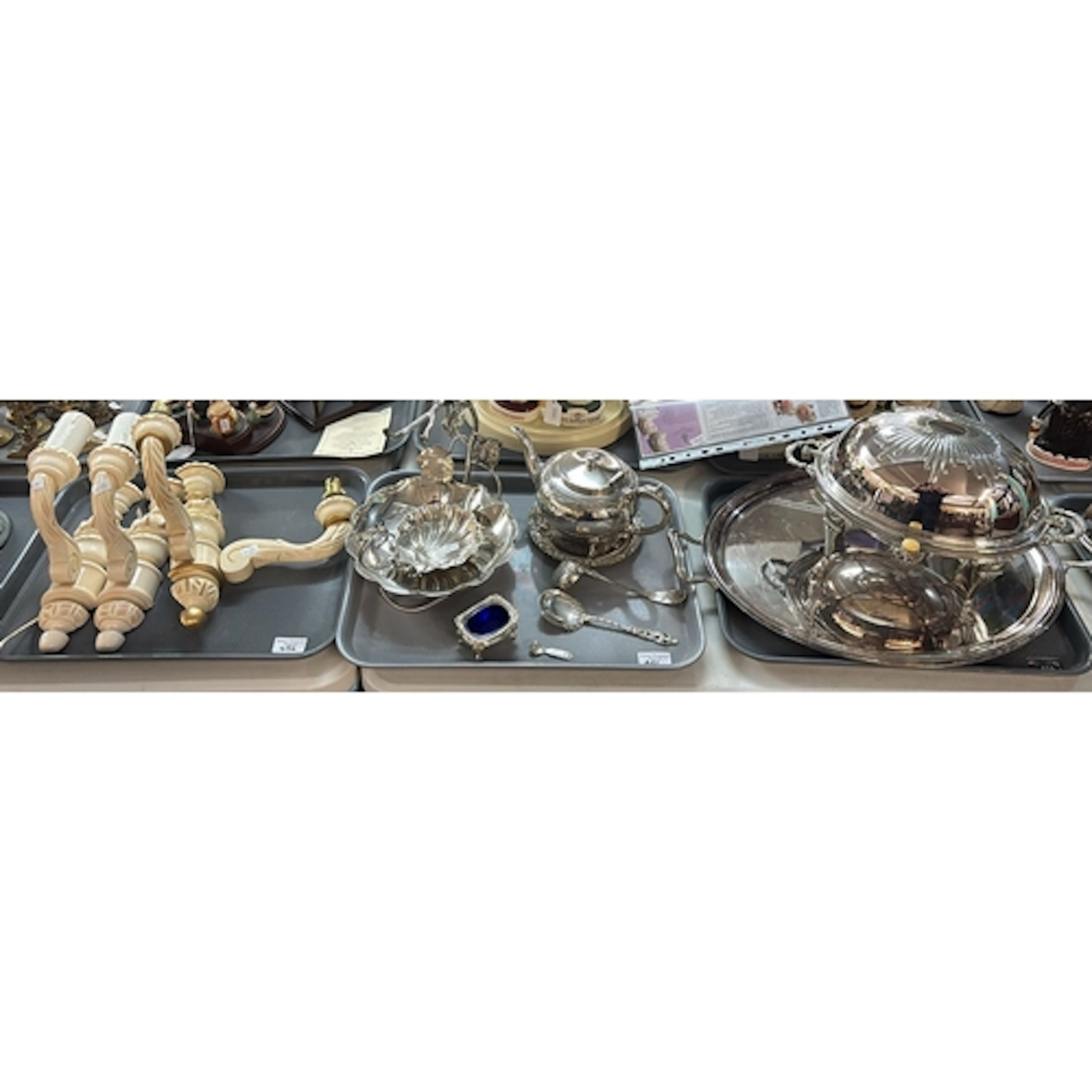 Two trays of silver plate to include: Victorian bacon warmer...
