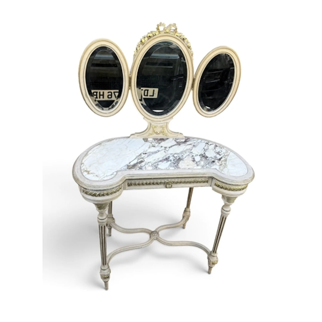 A REPRODUCTION LOUIS XVI STYLE GREY PAINTED KIDNEY-SHAPED D...