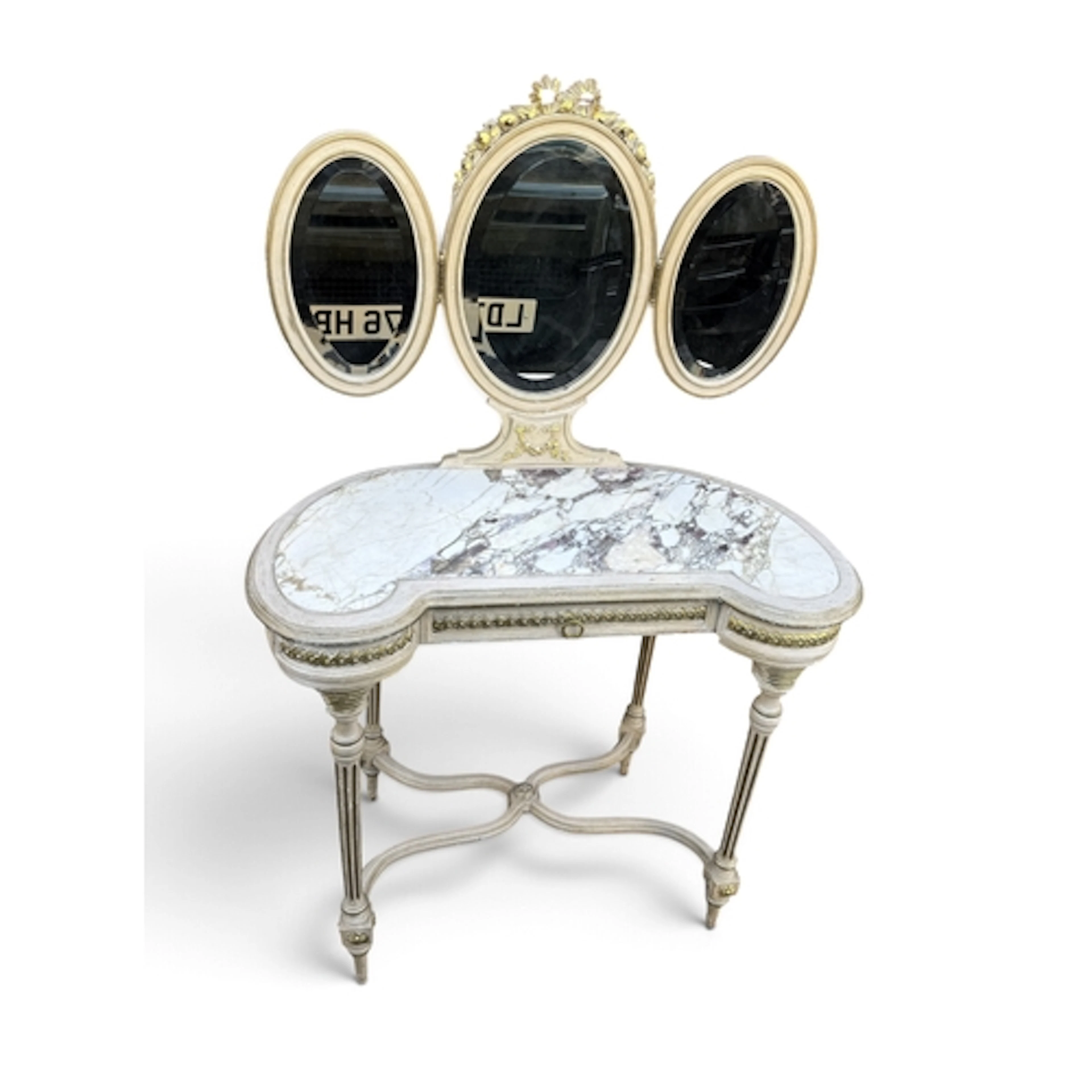 A REPRODUCTION LOUIS XVI STYLE GREY PAINTED KIDNEY-SHAPED D...