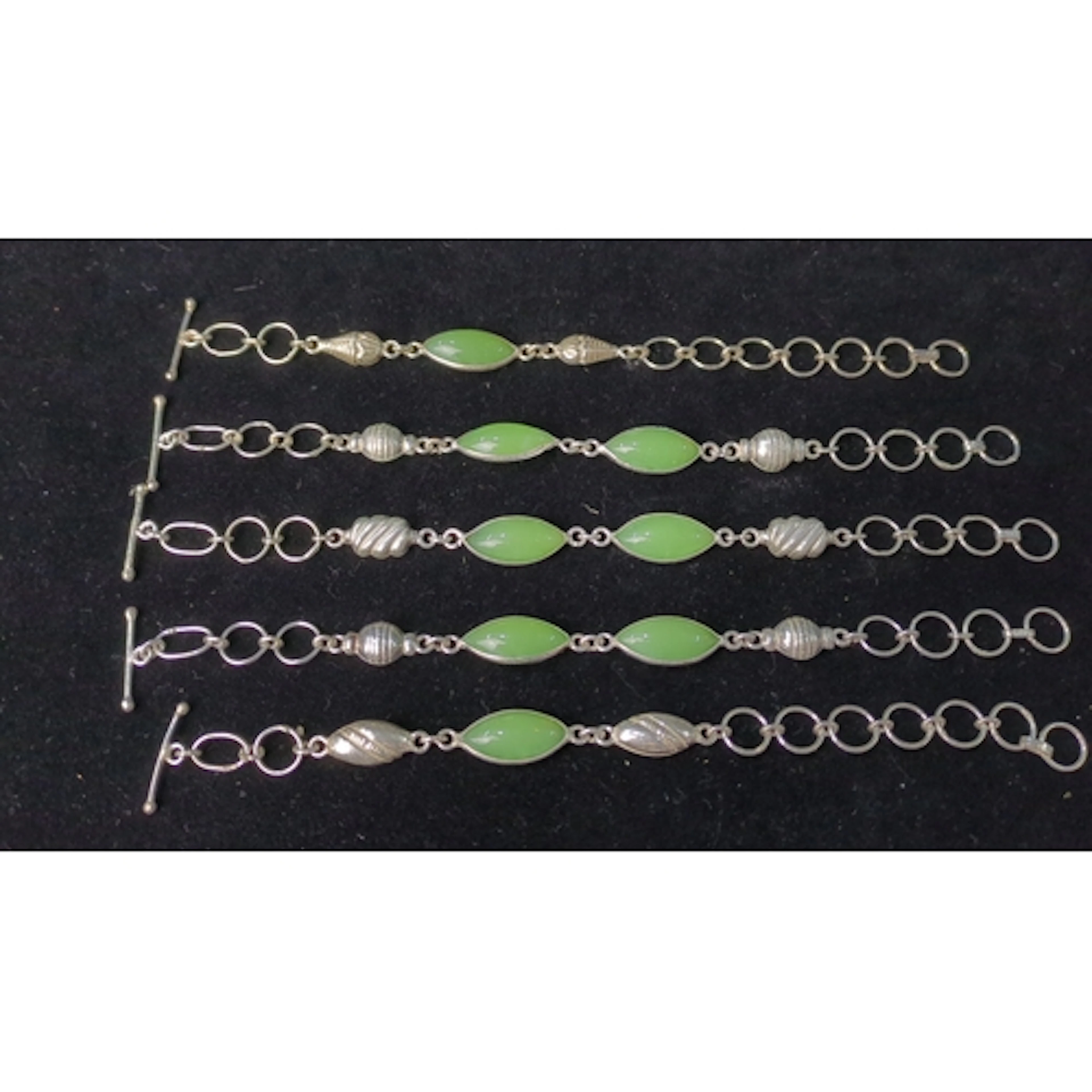 5 x 925 silver bracelets with green navette-shaped panels, d...