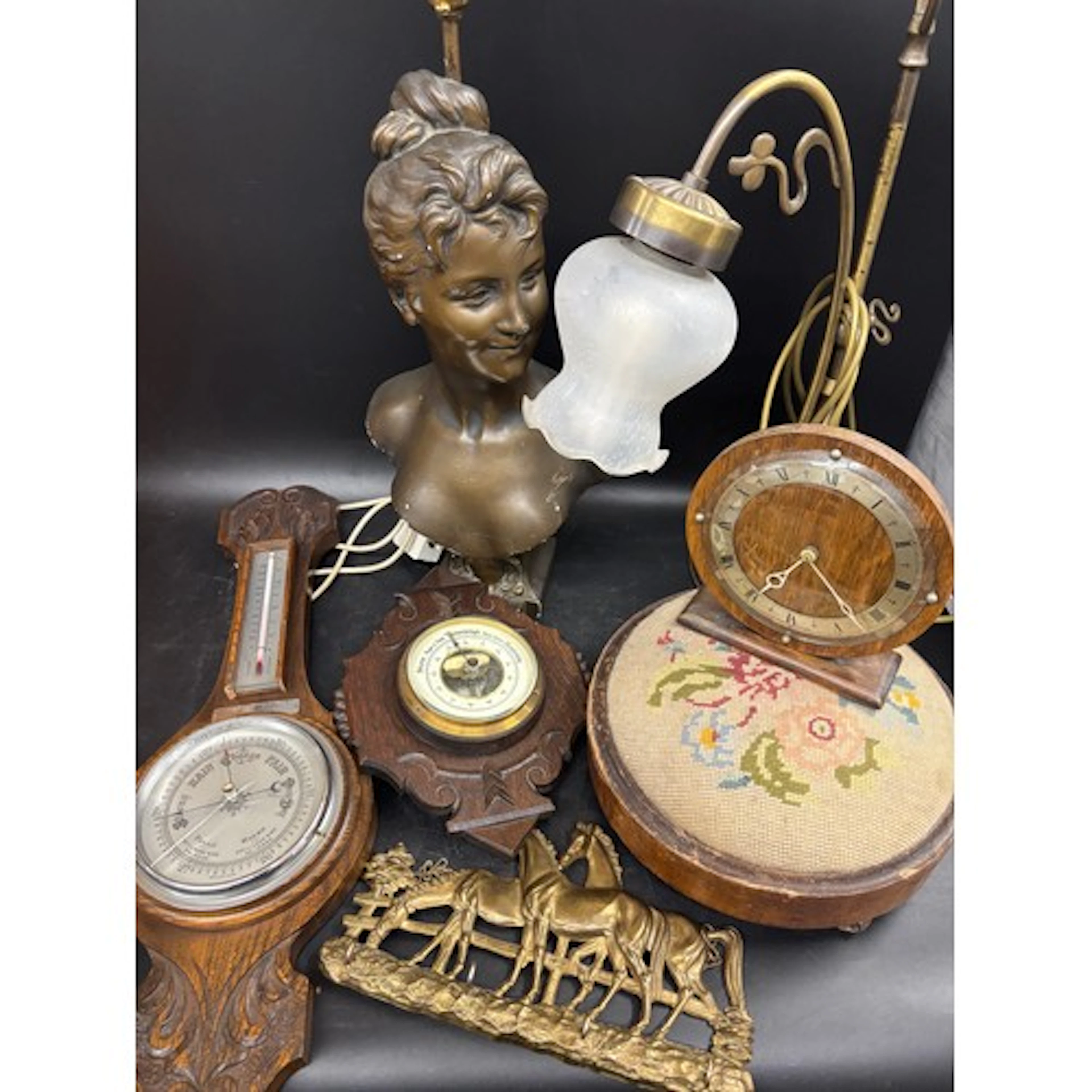 Two lamp bases, two barometers, mantel clock, a brass horse ...