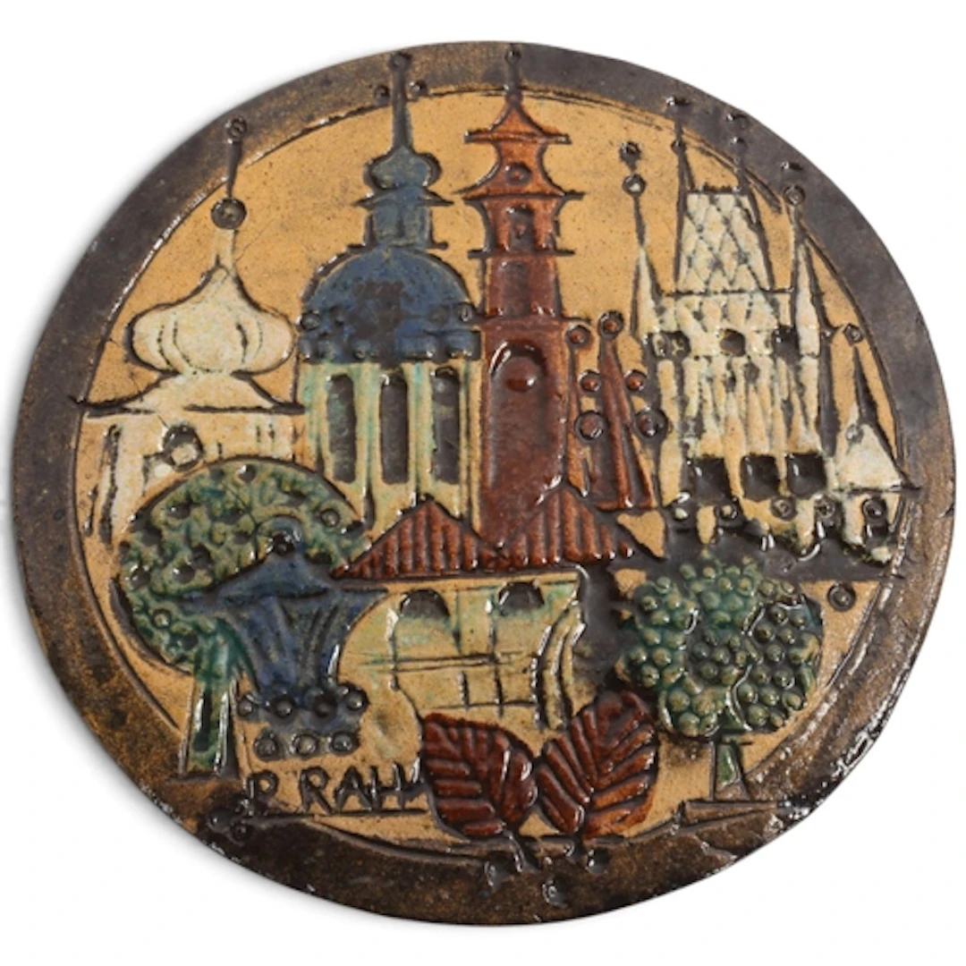 A ceramic wall plaque, view of Old Town Square, Prague, impr...