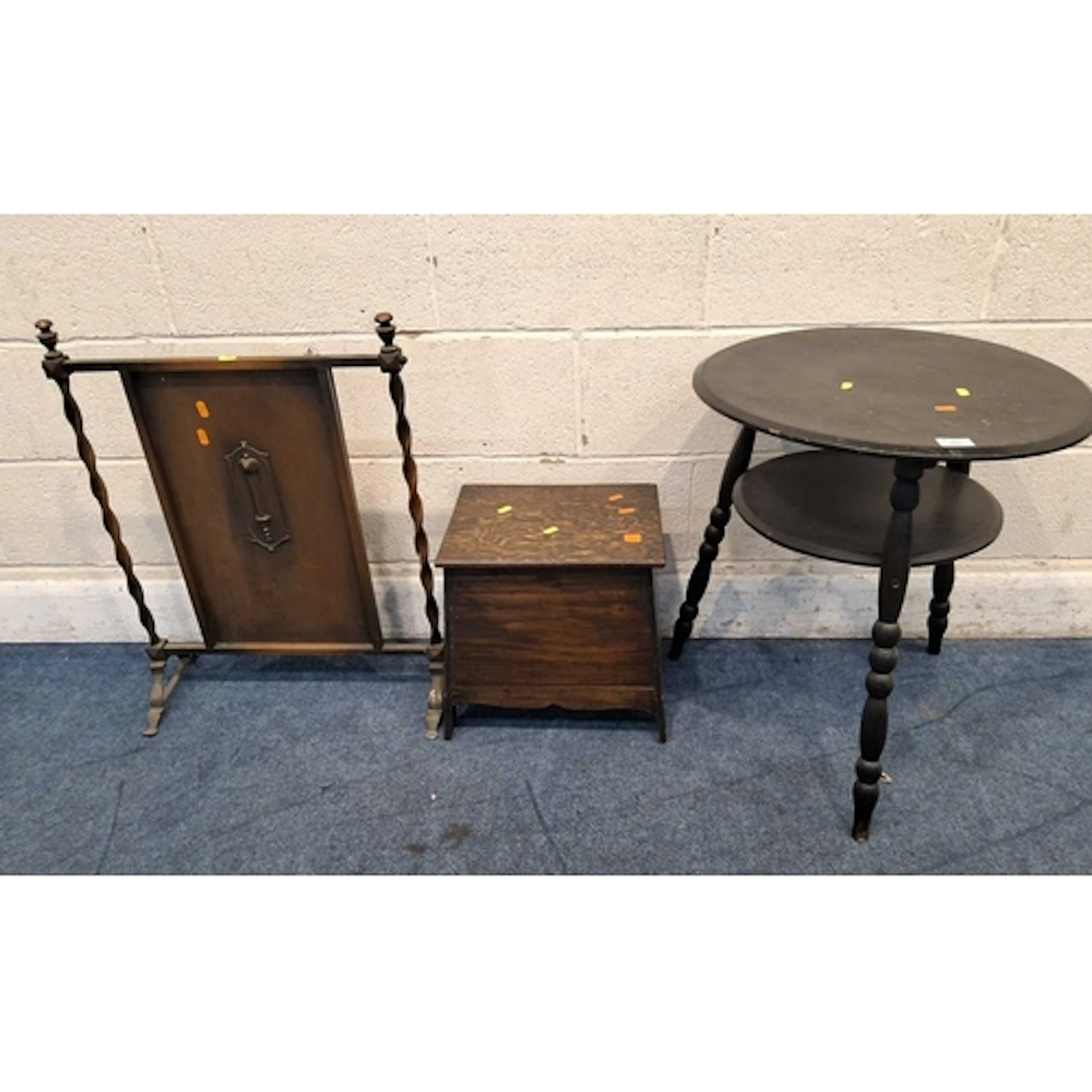 AN EBONISED CIRCULAR TWO TIER CRICKET TABLE, a small oak sto...