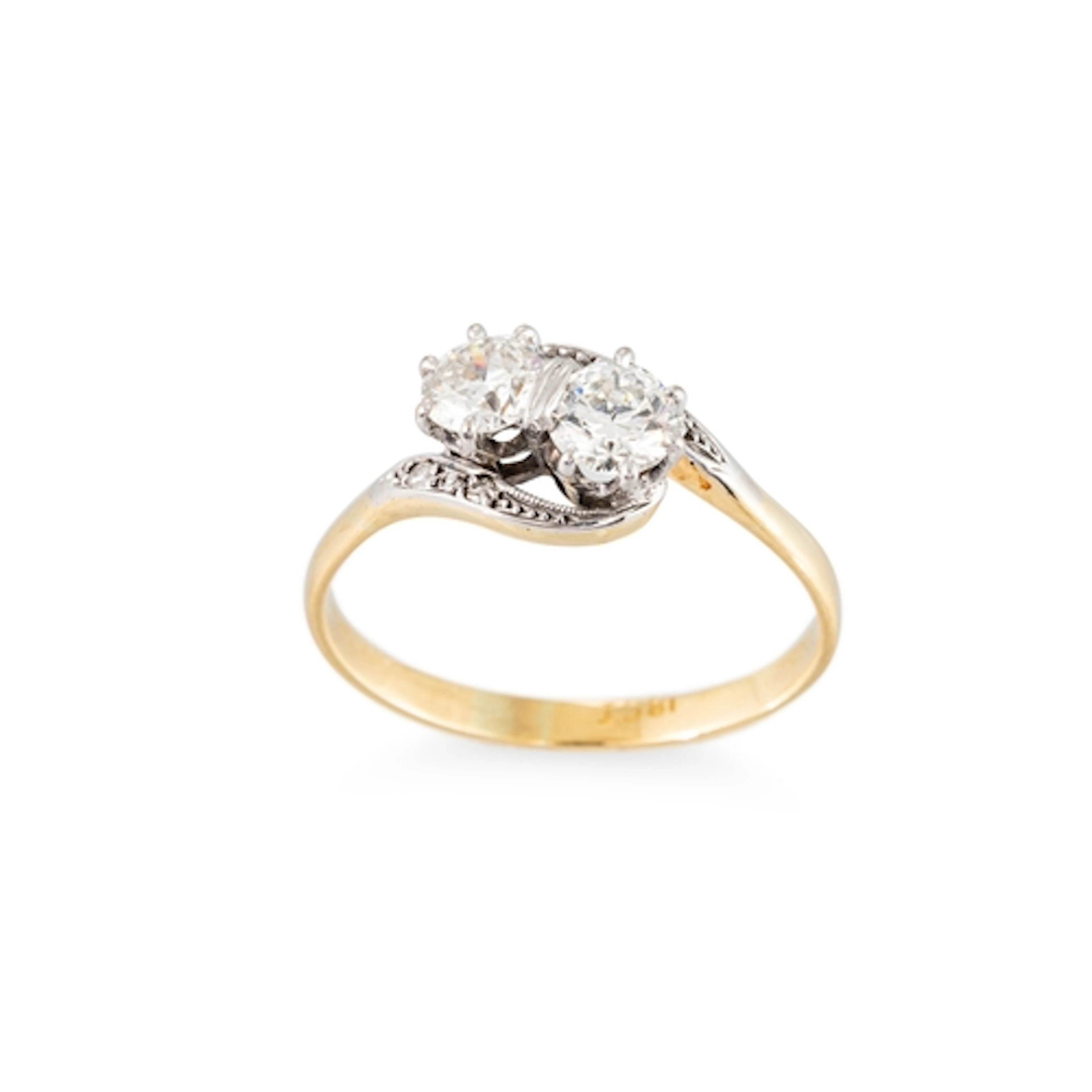 A VINTAGE TWO STONE DIAMOND TOI ET MOI RING, the diamonds mo...