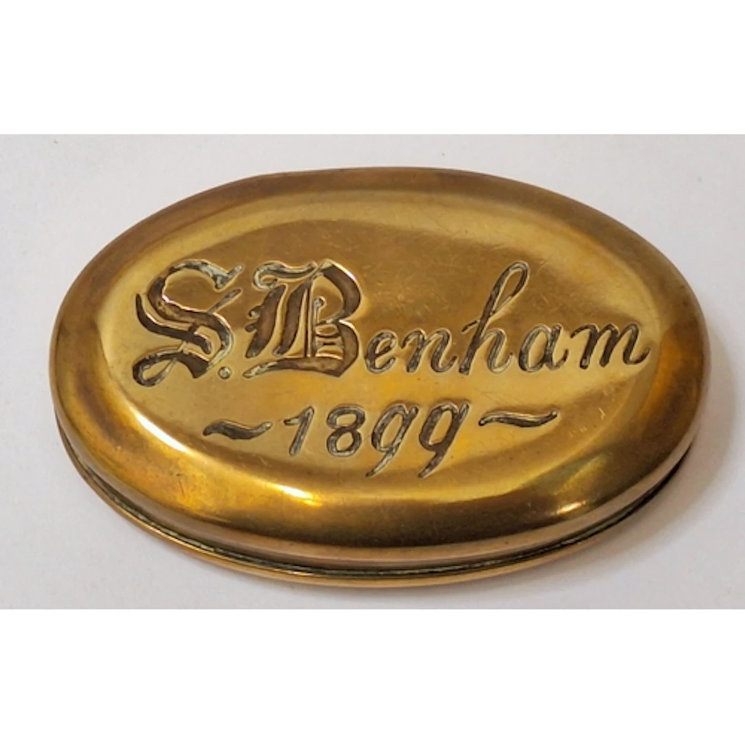 Antique Marsh Miner's Brass Snuff/Tobacco Tin, engraved S Be...