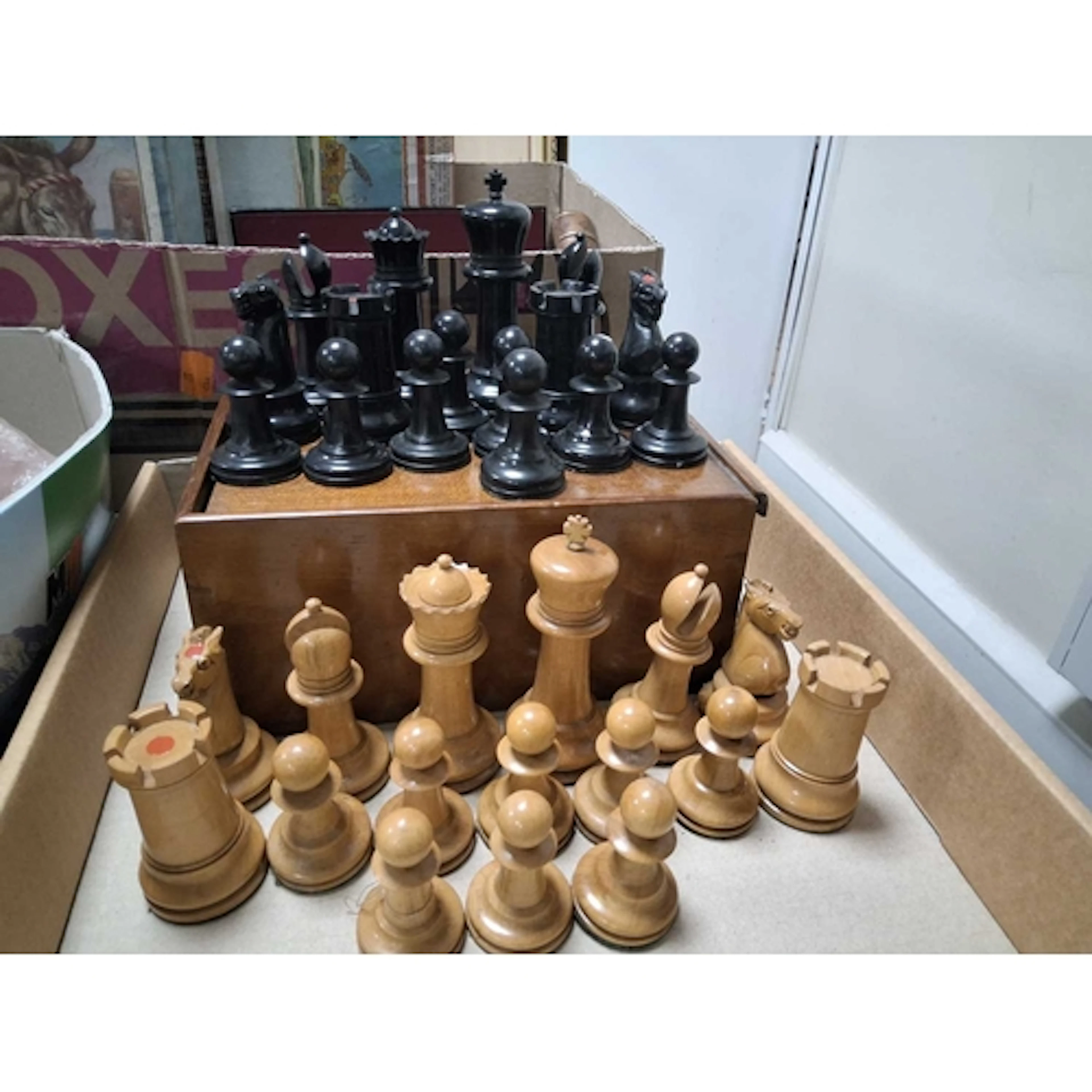 TWO BOXES OF VINTAGE GAMES AND CHESS PIECES comprising a ful...