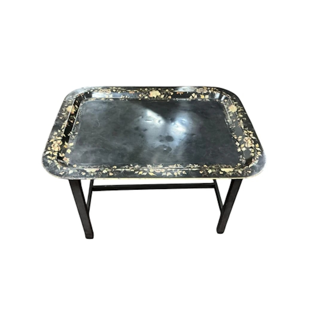 A 19th century painted tole tea tray on later stand, width 7...