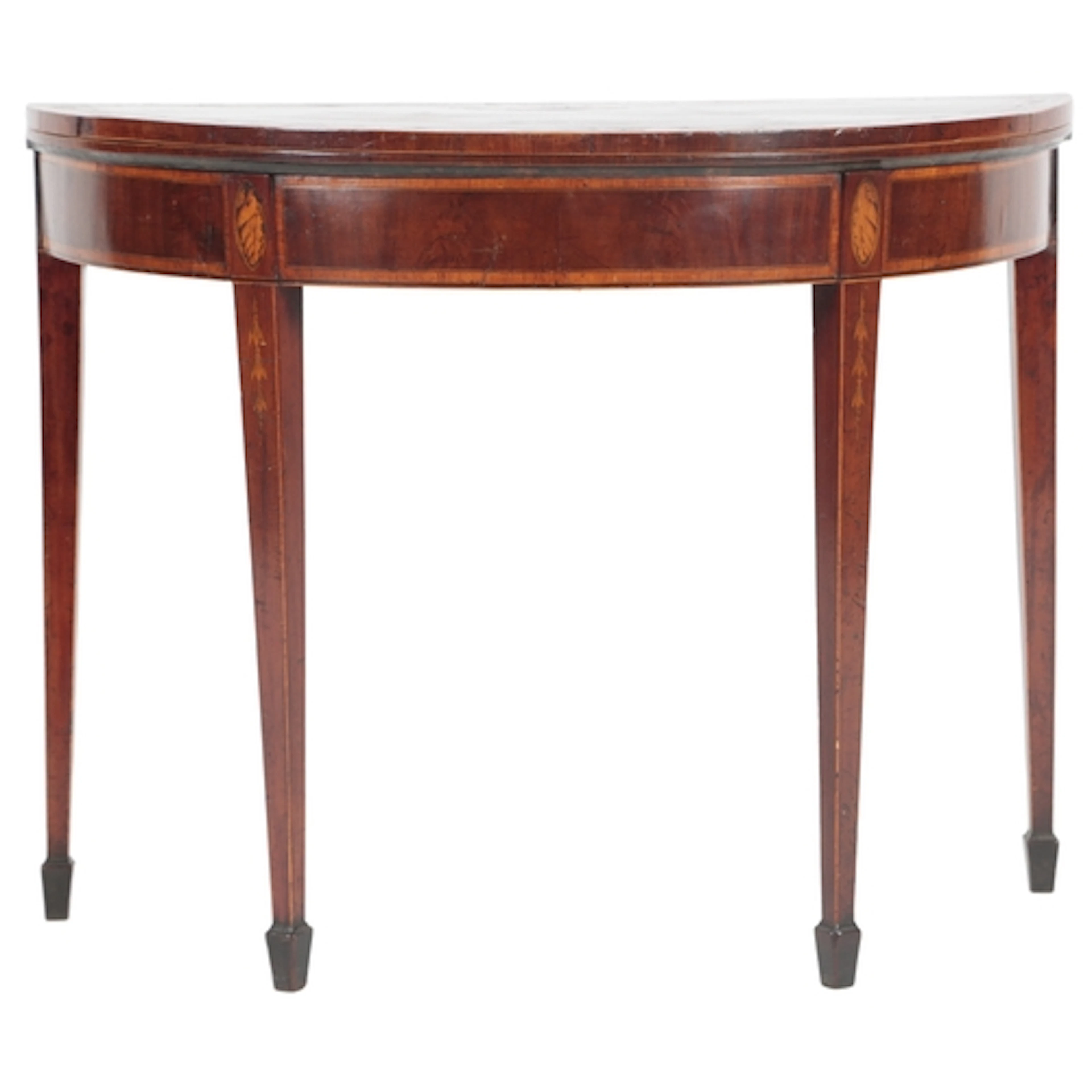 A George III rosewood and satinwood banded demi-lune fold-ov...