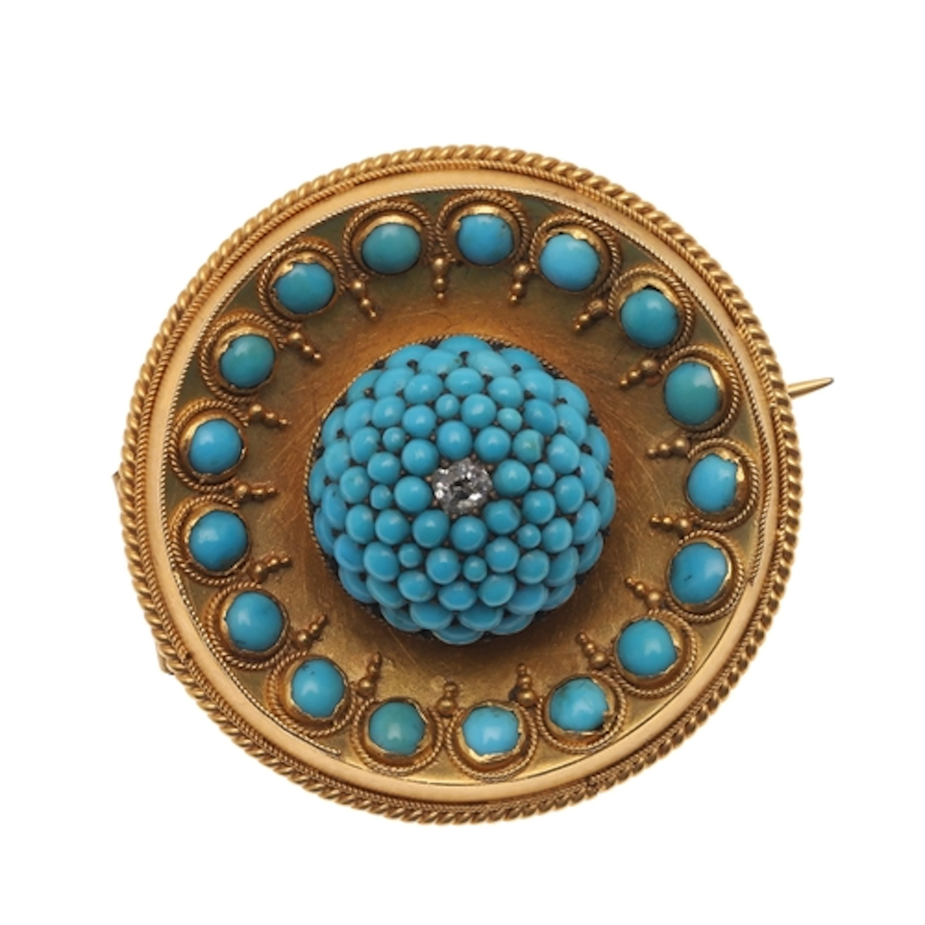 A VICTORIAN TURQUOISE, DIAMOND AND GOLD BROOCH. of circular ...
