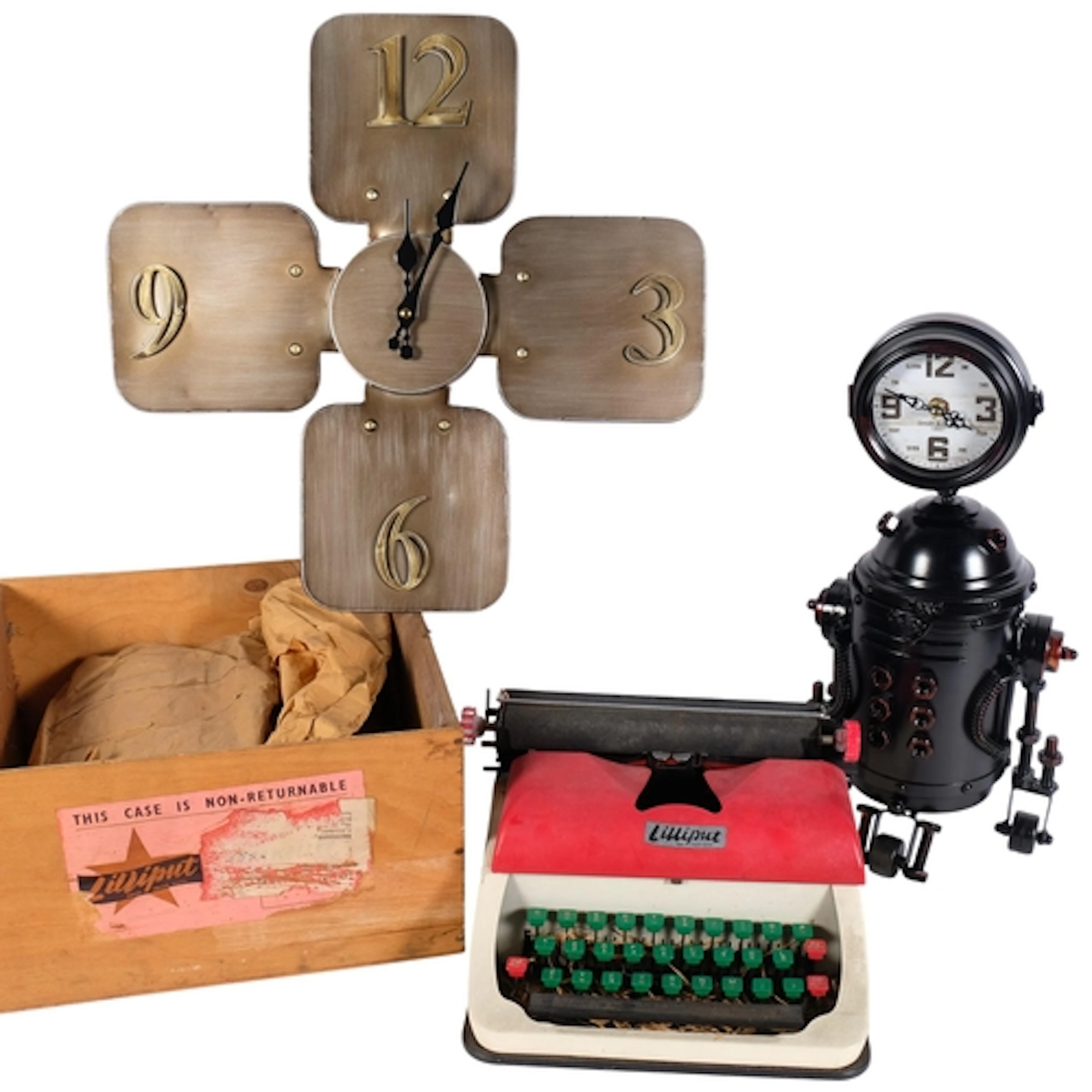 2 novelty contemporary clocks, and a Lilliput typewriter (3)